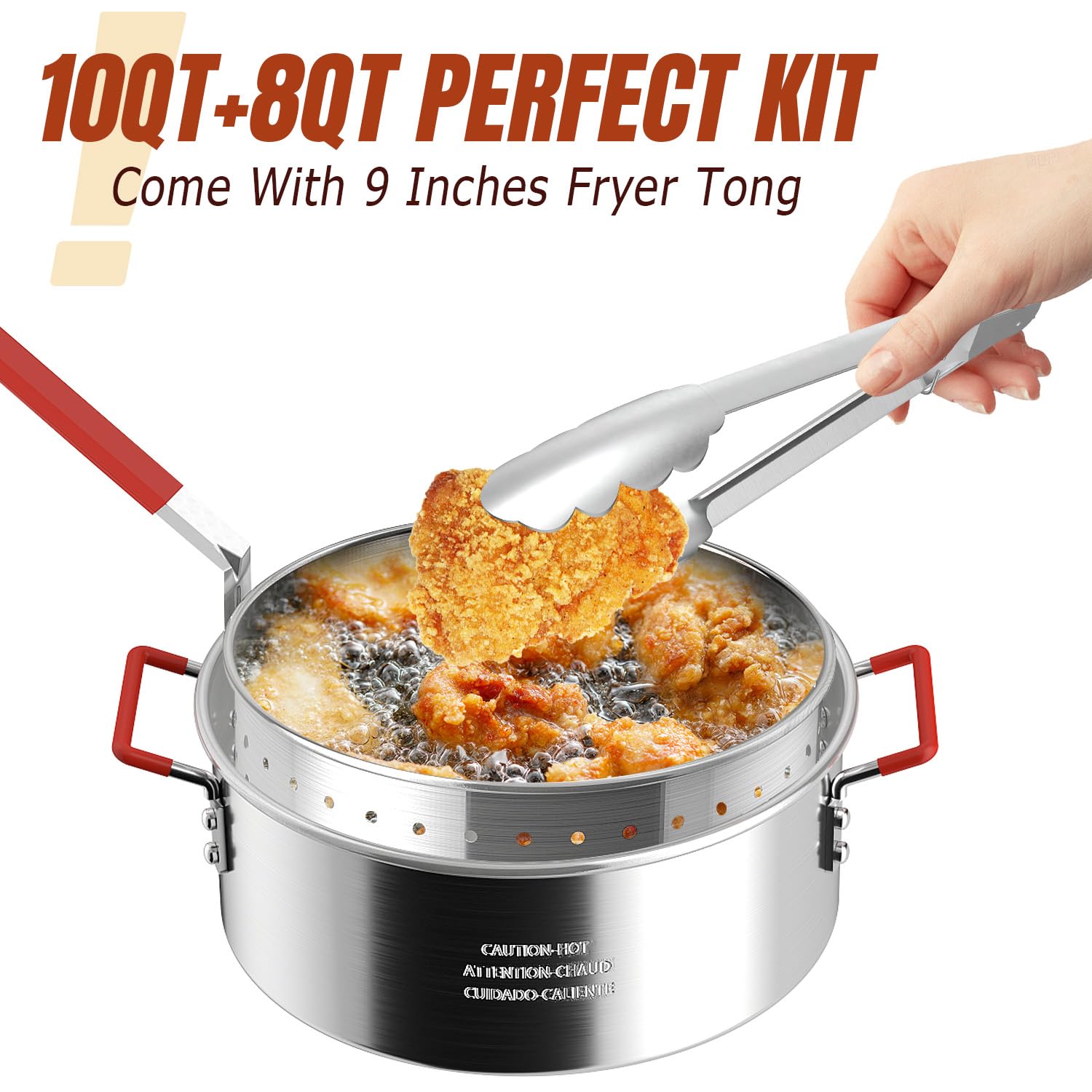10QT Aluminum Fish Fryer Pot with Basket | Deep Fryer with Lid | Thermometer | Fryer Tongs & Easy Grip Handle for Cooking Seafood | French Fries | Chicken Wings