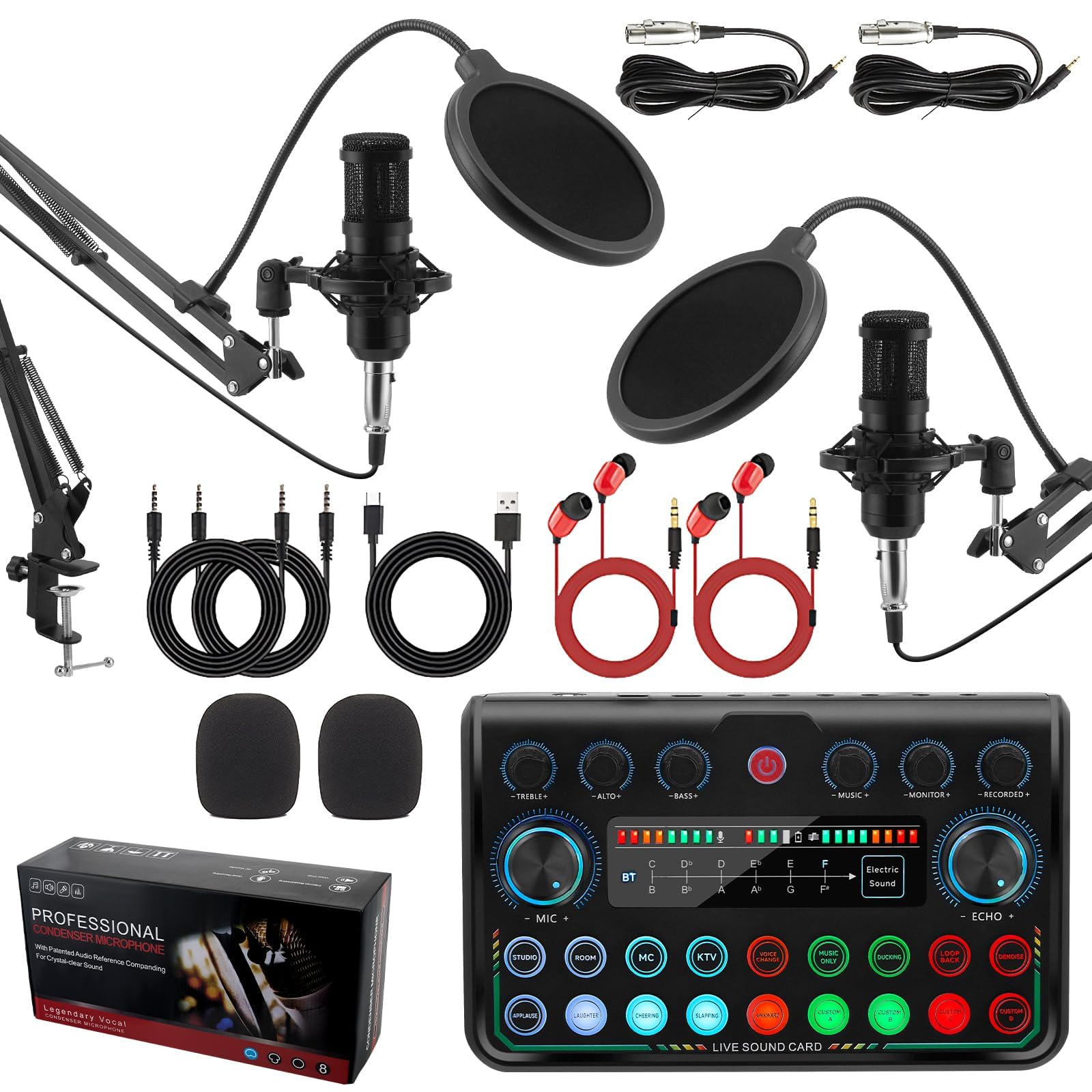 Kit de podcasting de micrófono para 2 micrófonos de podcasting, interfaz de audio con tarjeta de sonido P999max para streaming en vivo, canto, YouTube, gaming