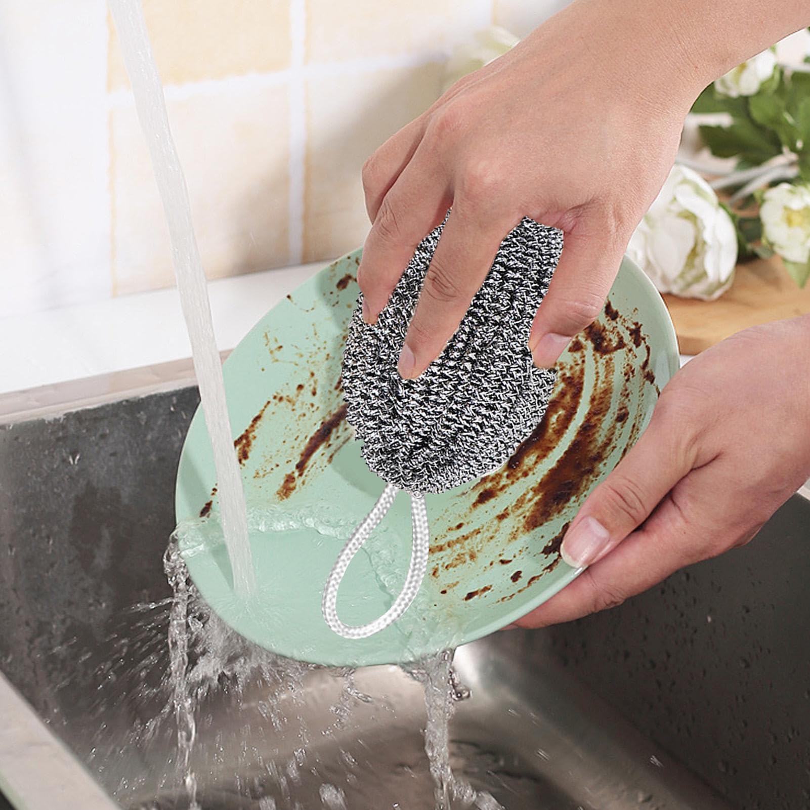 Metal Sponge, Lanyard Wire Balls, Melons Shape Steel Wire Ball, Stainless Steel Scourer with Lanyard, Metal Scouring Pads, Dish Cleaner Scrubber, Reusable Washing Up Sponge