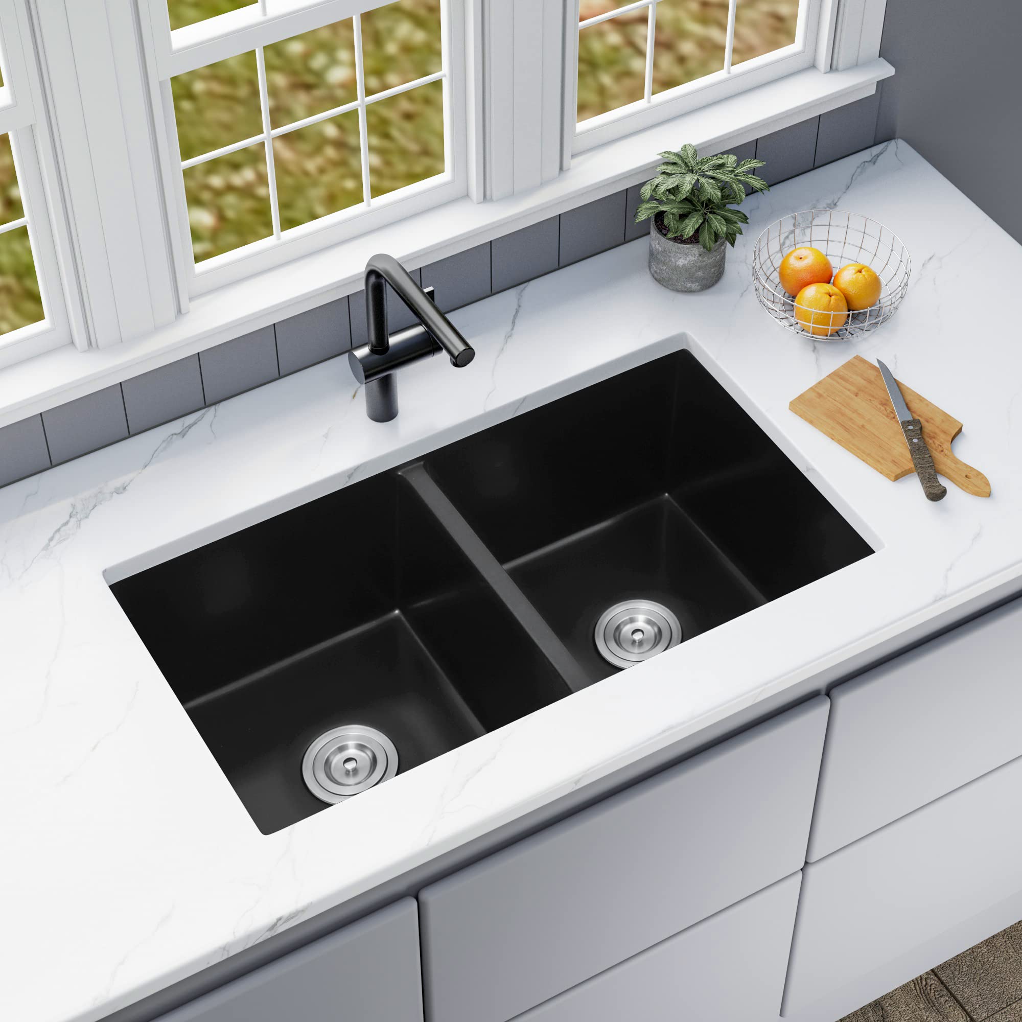 MILOSEN Quartz Black Kitchen Sink, Double Bowl Granite Composite ...