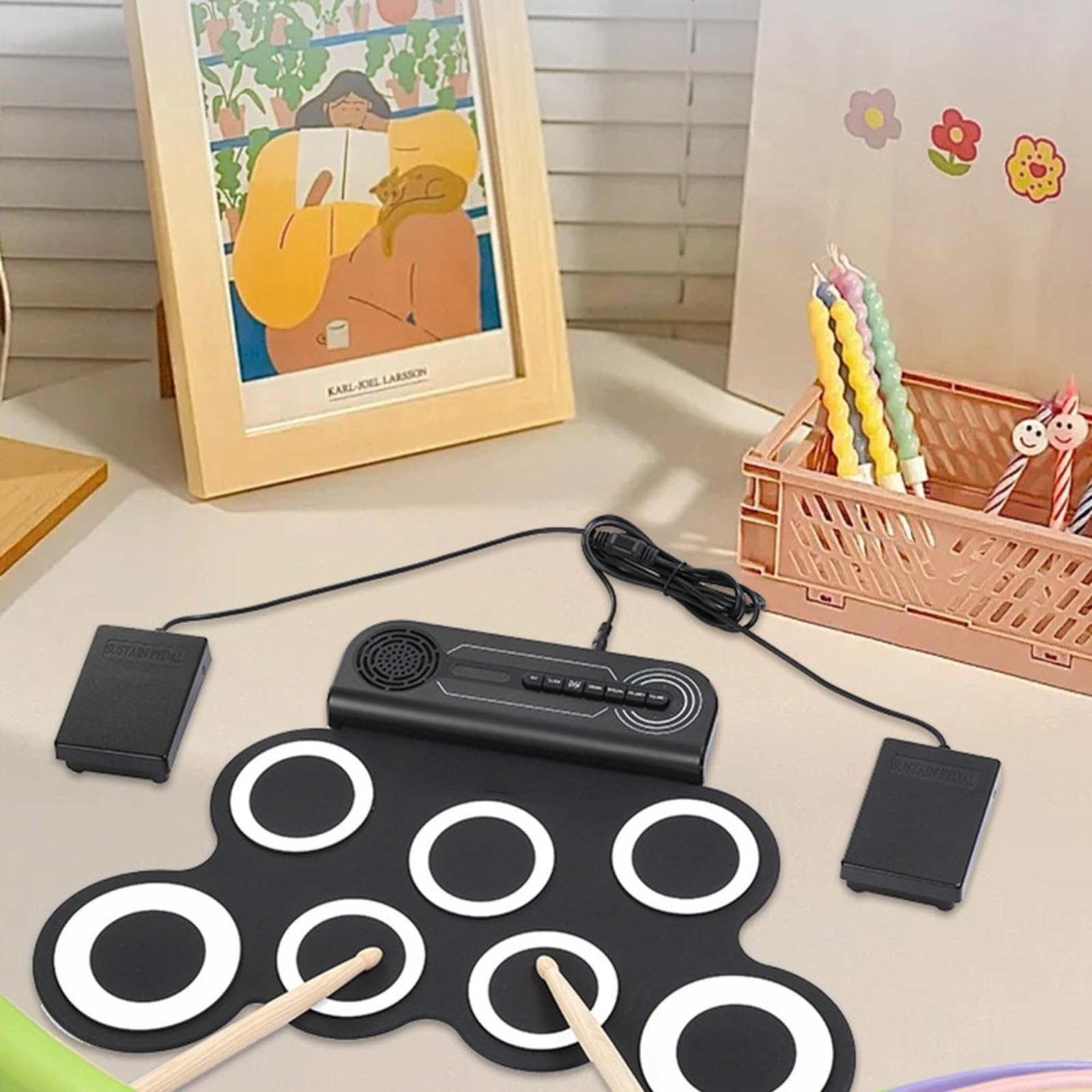 Tragbares elektrisches Schlagzeug-Set mit integriertem Lautsprecher, Silikon-Aufroll-Übungsset für Kinder, Jungen, Mädchen, Zuhause, Reisen, bunt, 43 cm (bunt)