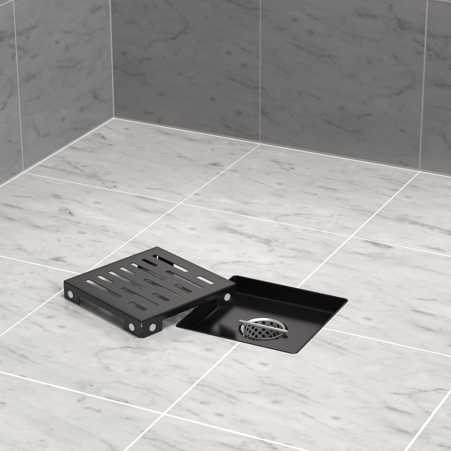 Shower Drain - Stainless Steel Square Shape Shower Floor Drain with Removable Patterned Grate, Hair Strainer, Threaded Adapter (6 Inches, Black Matte)
