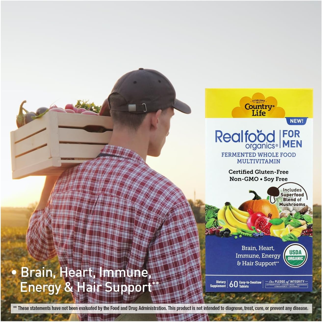 Country Life RealFood Organics for Men – 60 Tablets | 1,300mg Organic Fermented Whole Foods, 7-Mushroom Superfood & Aloe – Certified Gluten-Free, Vegan & USDA Organic Multivitamin - Image 5