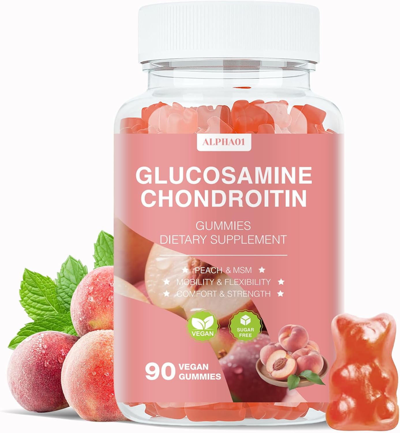 Glucosamine Chondroitin Gummies – 3000MG Extra Strength Joint Support Supplement with MSM & Elderberry, Flexibility, Antioxidant Immune Support Gummy for Adults, Men & Women – 90 Peach Gummies