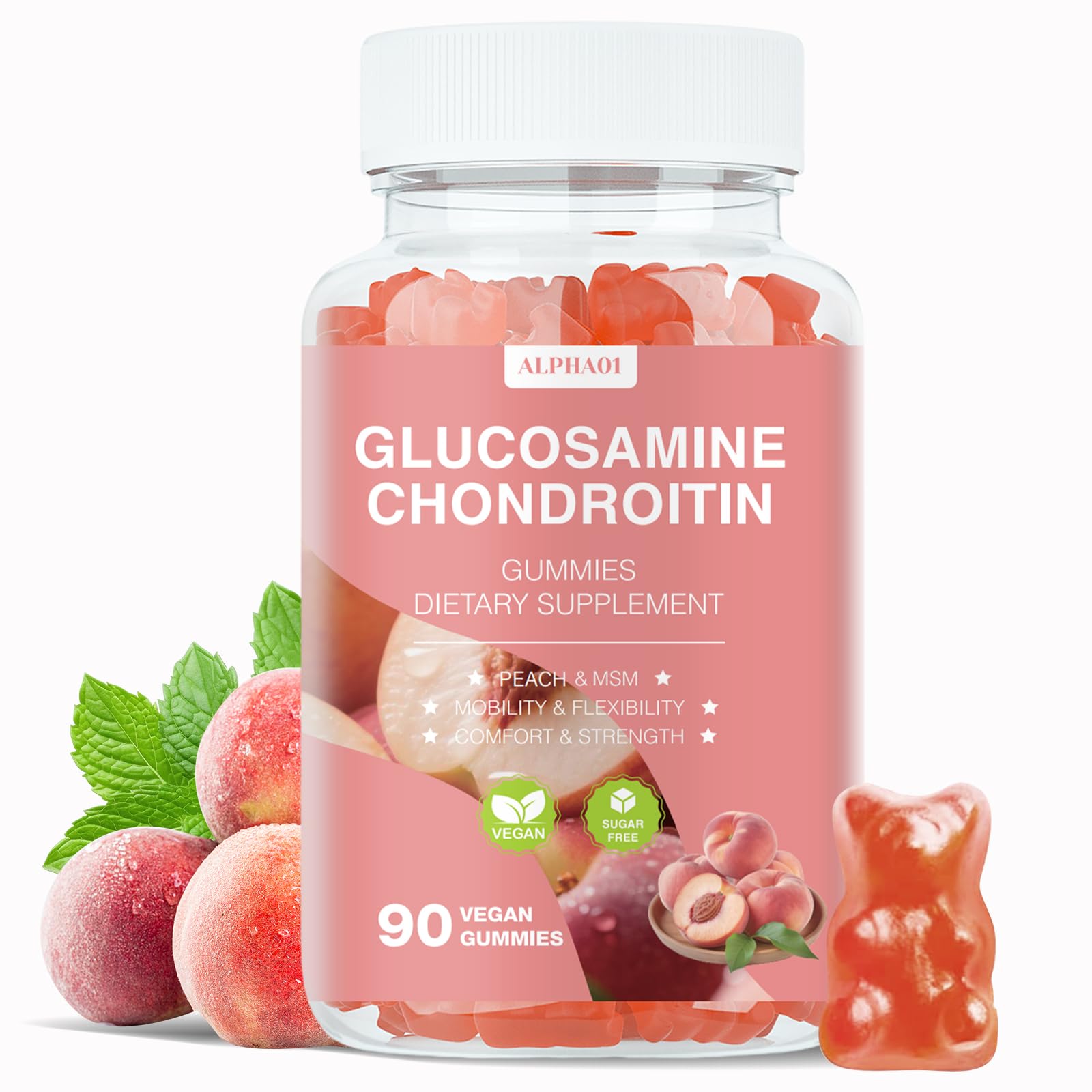 Glucosamine Chondroitin Gummies - 3000MG Extra Strength Joint Support Supplement with MSM & Elderberry, Flexibility, Antioxidant Immune Support Gummy for Adults, Men & Women - 90 Peach Gummies