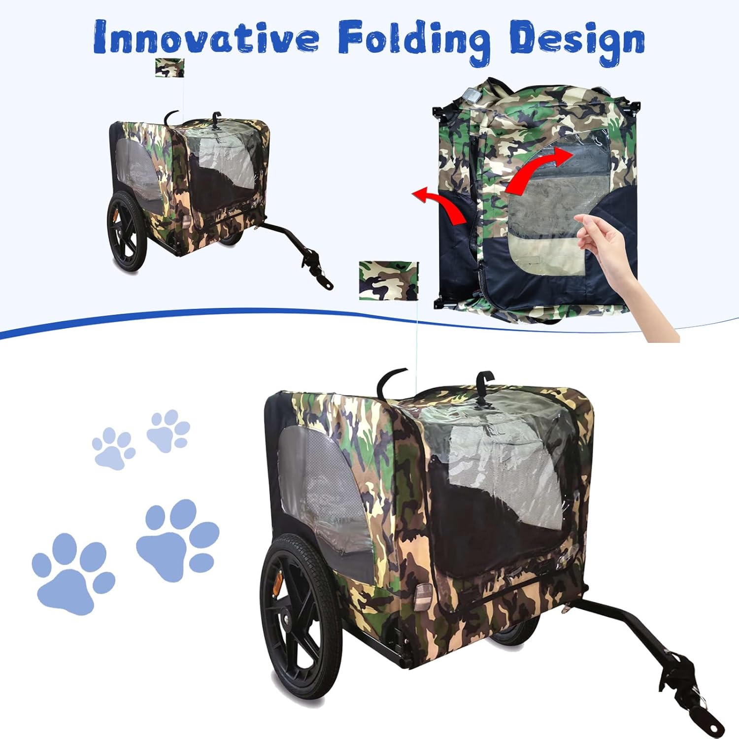 Dog Cart with Flag, Large Folding Bike Trailer for Dogs, 120LB Capacity All-Terrain Pet Carrier, Durable Steel Frame, for Cycling, Jogging, Camping & Outdoor Adventures