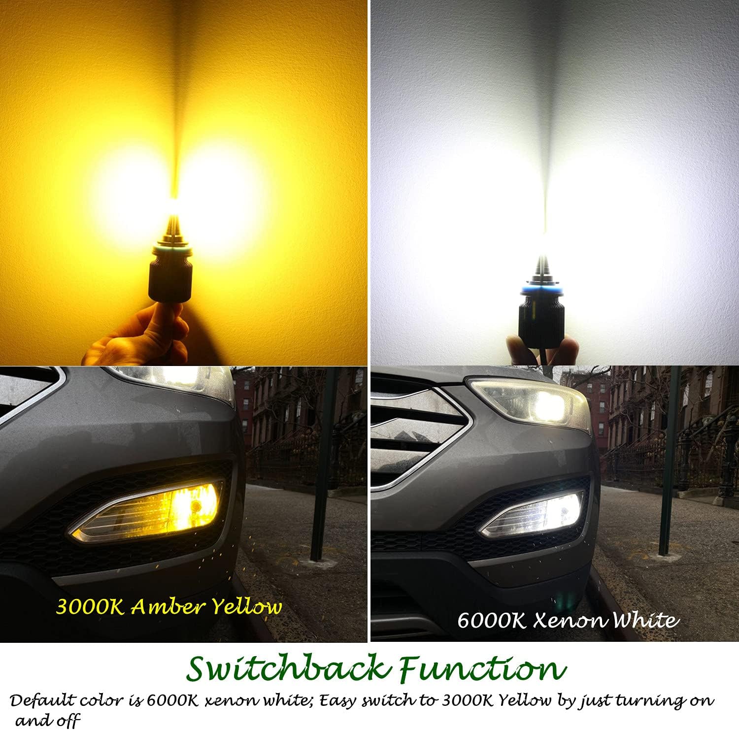 Alla Lighting H8 H9 H11 LED Switchback Fog Lights, High, Low Beam Conversion Kits, DRL, Dual Color 6000K White/3200K Yellow 12V H16 H8LL H11LL H965W, Extremely Super Bright 8000 Lumens