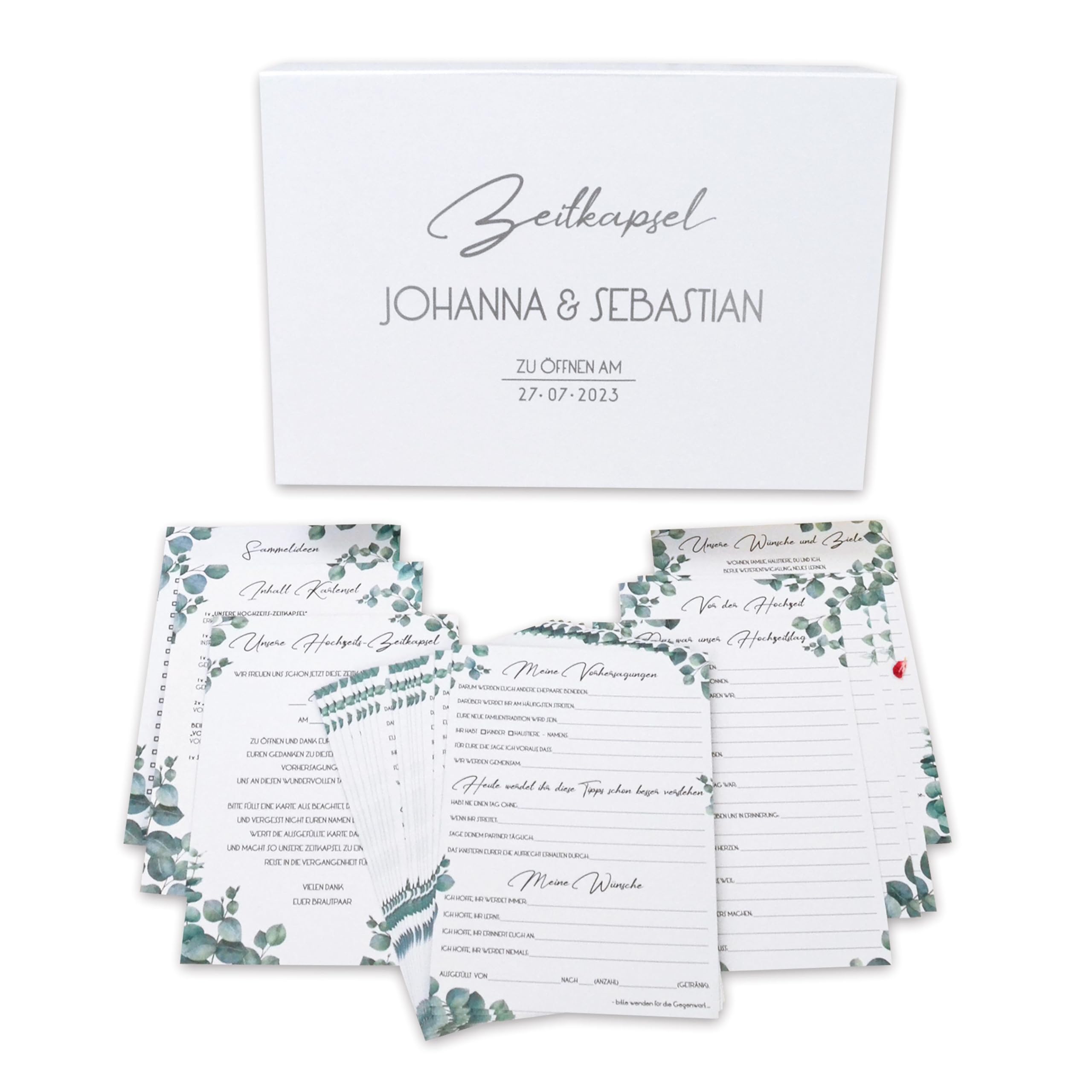 Feenstaub Zeitkapsel-Box Hochzeit mit Karten zum Ausfüllen für Gäste und Brautpaar, Geschenk, personalisierbare Box, Zeitkapsel Hochzeit, Gästekarten Hochzeit, Zeitkapsel Karten Hochzeit Eukalyptus