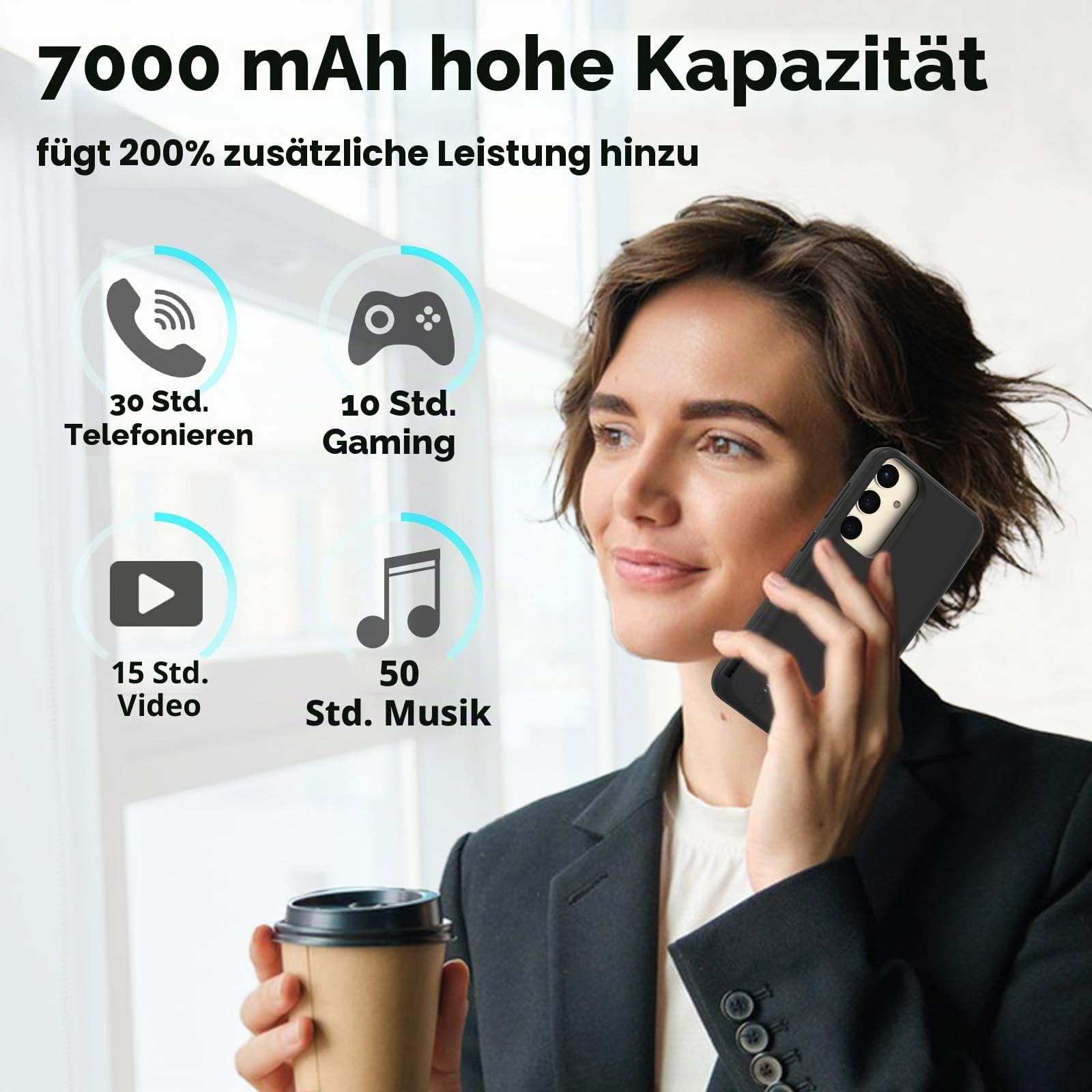 Akkuhülle für Samsung Galaxy S24/S25 (6,2"), 7000 mAh,Schlanke Wiederaufladbare Ladehülle, Erweiterte Ladehülle, Backup-Akkuladegerät,Tragbare Powerbank für Samsung Galaxy S24/S25- Schwarz