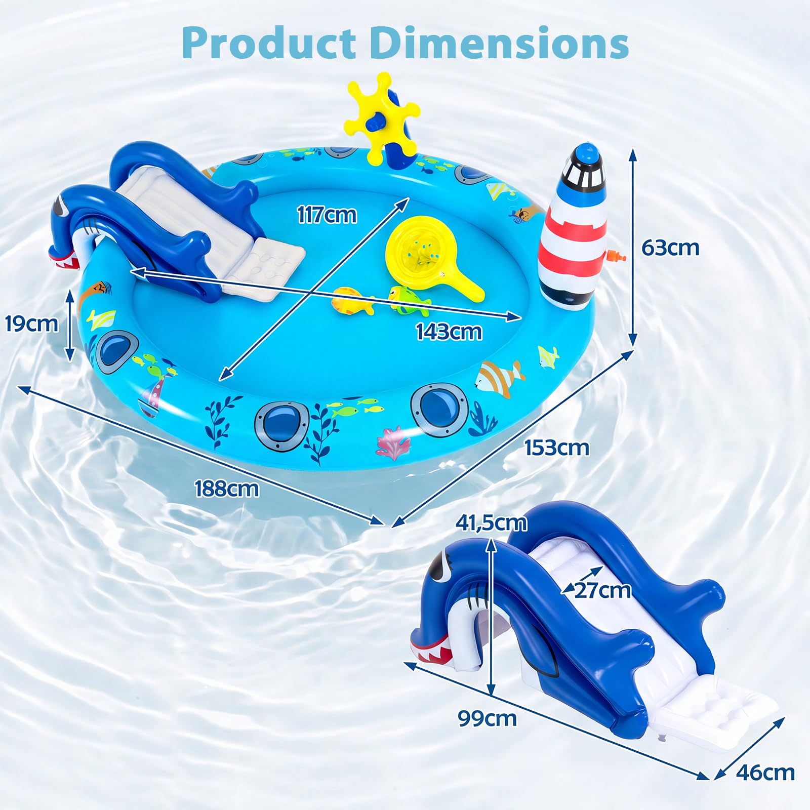 HOMASIS Piscina Gonfiabile per Bambini 2-6 Anni, Piscinetta con Scivolo Sicuro, Spruzzo a Faro e Giocattoli, Parco di Giochi in Vinile, Gonfiaggio Facile, per Cortile e Giardino, 188 x 153 x 63 cm