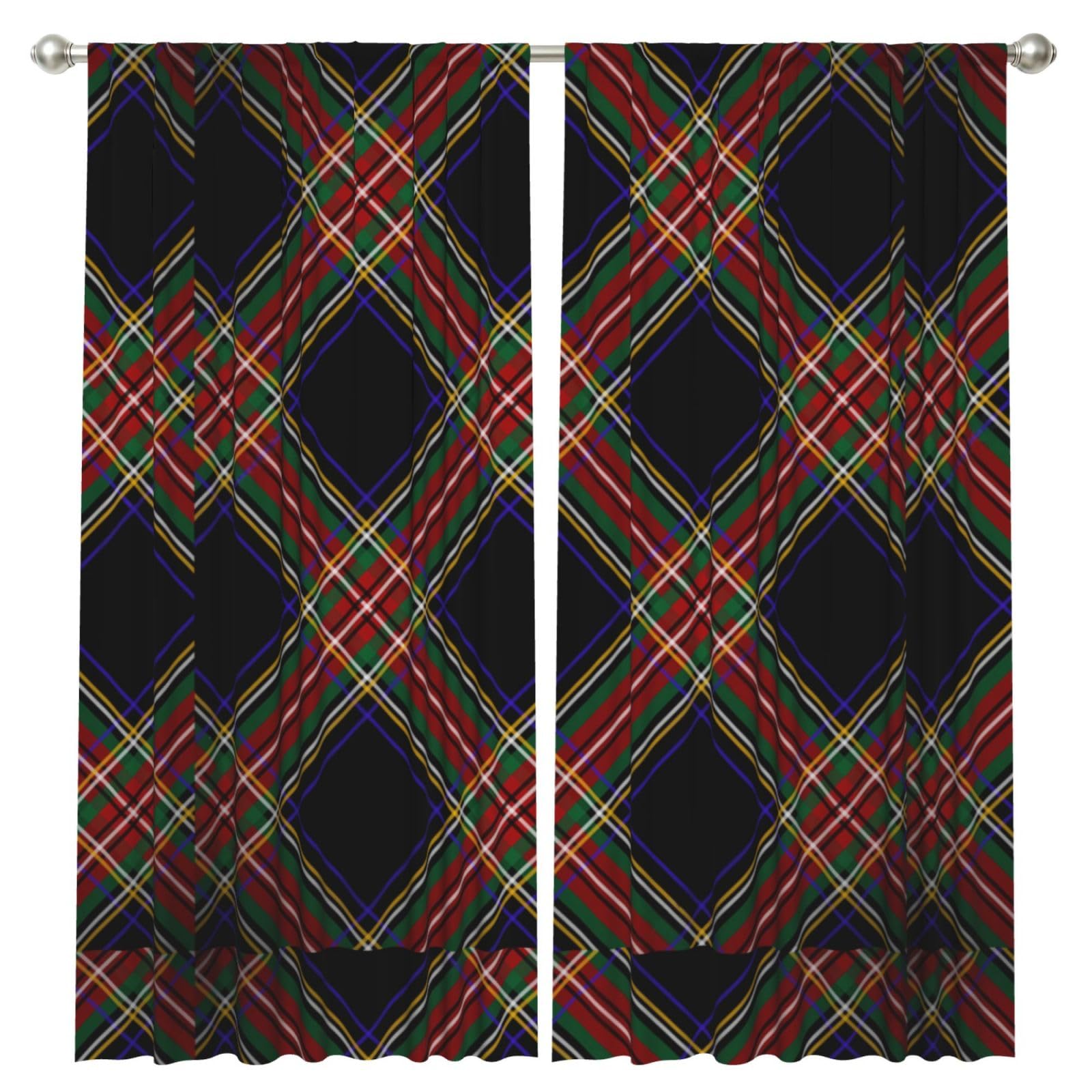 InOmak Modern Black Stewart Tartan, 2 Panels Window Curtains 52 x 84 Inch Blackout Curtains for Living Room Bedroom