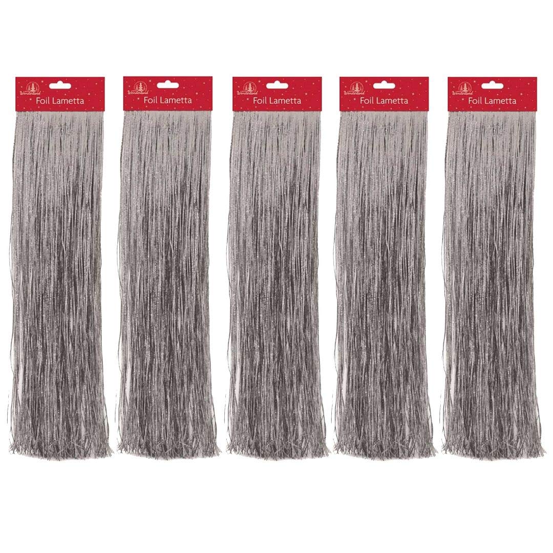 SRV Hub® Pack of 5 Christmas Lametta Strands Angel Hair Xmas Tree Decoration, Christmas Hanging Decoration for Wall or Window Size - 1.2M (Silver Foil Lametta)