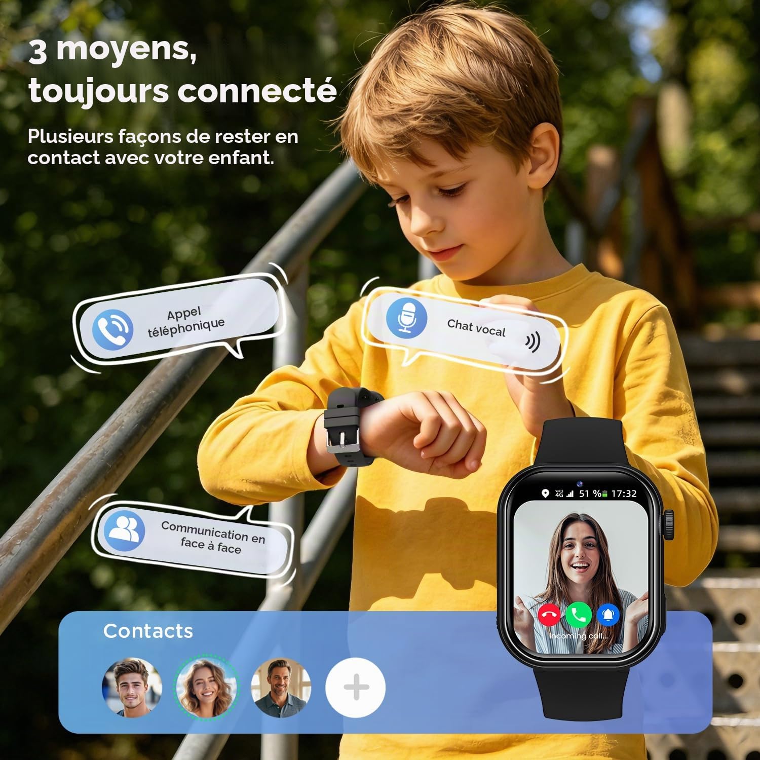 4G Montre Connectée Enfant, Montre Telephone Enfant avec GPS, Appel Vidéo, Chat Vocal, SOS, Mode Classe, Double Caméra, Lampe Torche, IP68, Podomètre, Réveil, Cadeau pour Filles Garçons, Noir