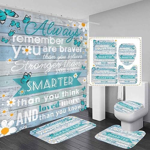 AAtter Juego de 4 cortinas de ducha color verde azulado turquesa con citas inspiradoras de margaritas y mariposas rústicas, 60 pulgadas de ancho x