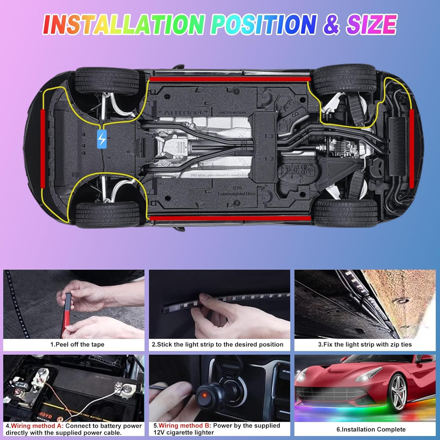 Lot de 4 lumières LED sous-luisantes pour voiture, kit d'application et télécommande RVB multicolore synchronisation de la musique sous l'éclairage de la voiture, bandes néon étanches pour