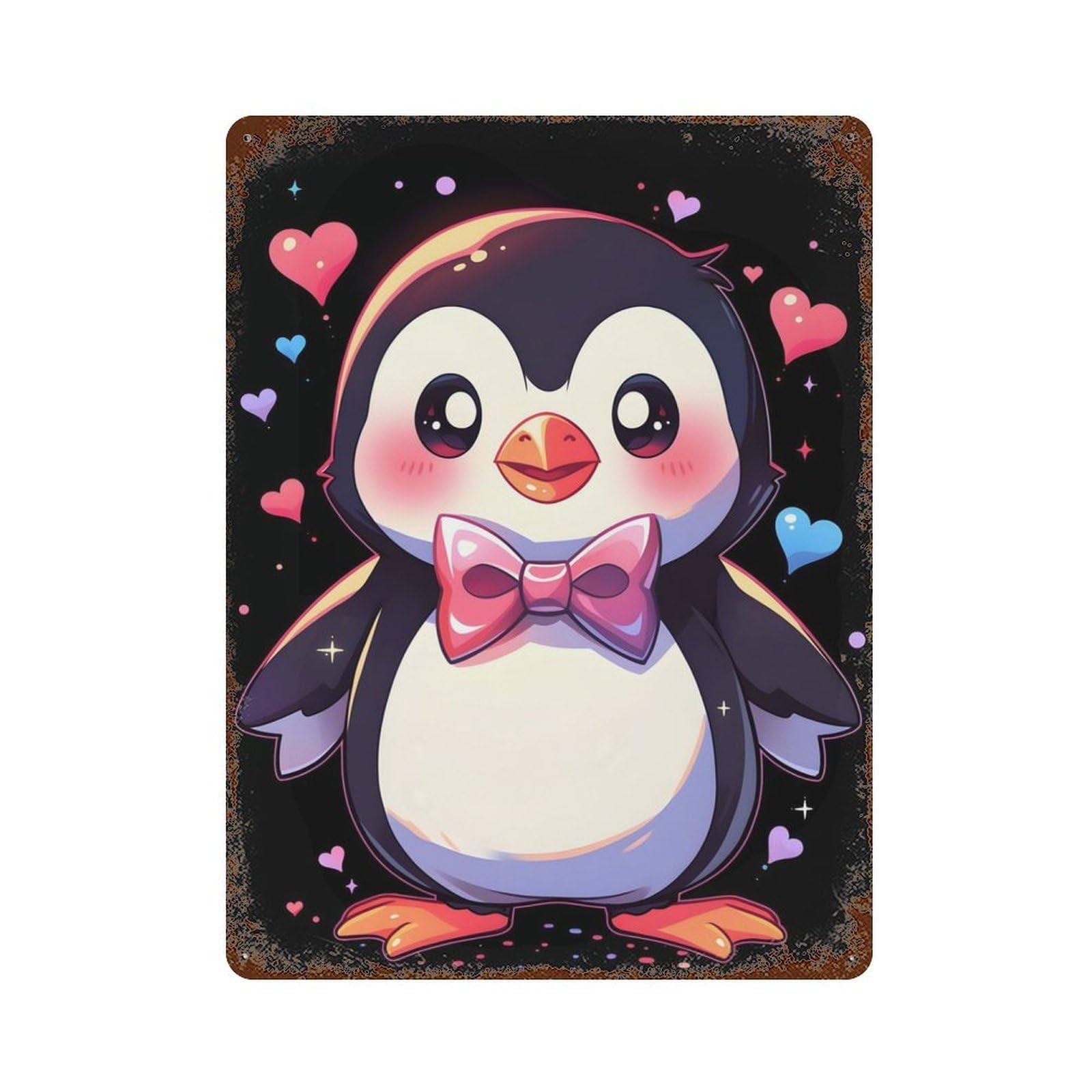 Cute Penguin Bowtie Rusty Metal Tin Sign 15.7"x11.8", Industrial Home Decor for Garage, Pub Or Kitchen