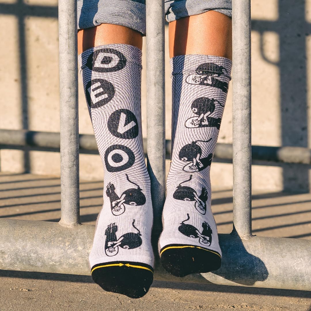MERGE4 Devo Band 'Bombs Away' Large Crew Socks for Men and Women Grey Bomb Classic DEVO Lettering