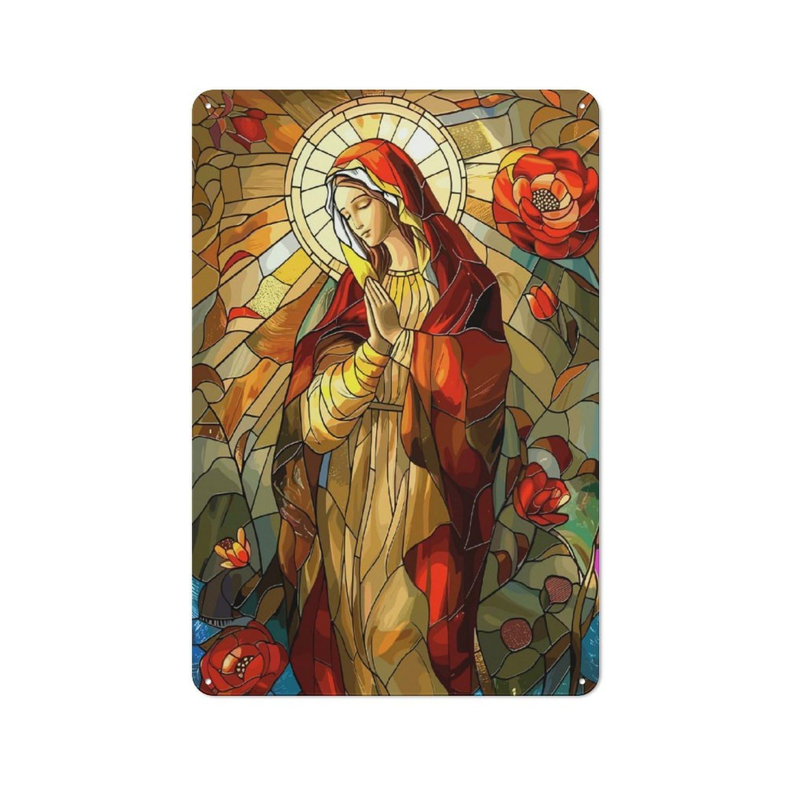 Junmoney Stained Glass Virgin Mary With Roses Rustic Metal Plaque 30X20cm For Studio Or Craft Room, Suited To Craft Room Decorators