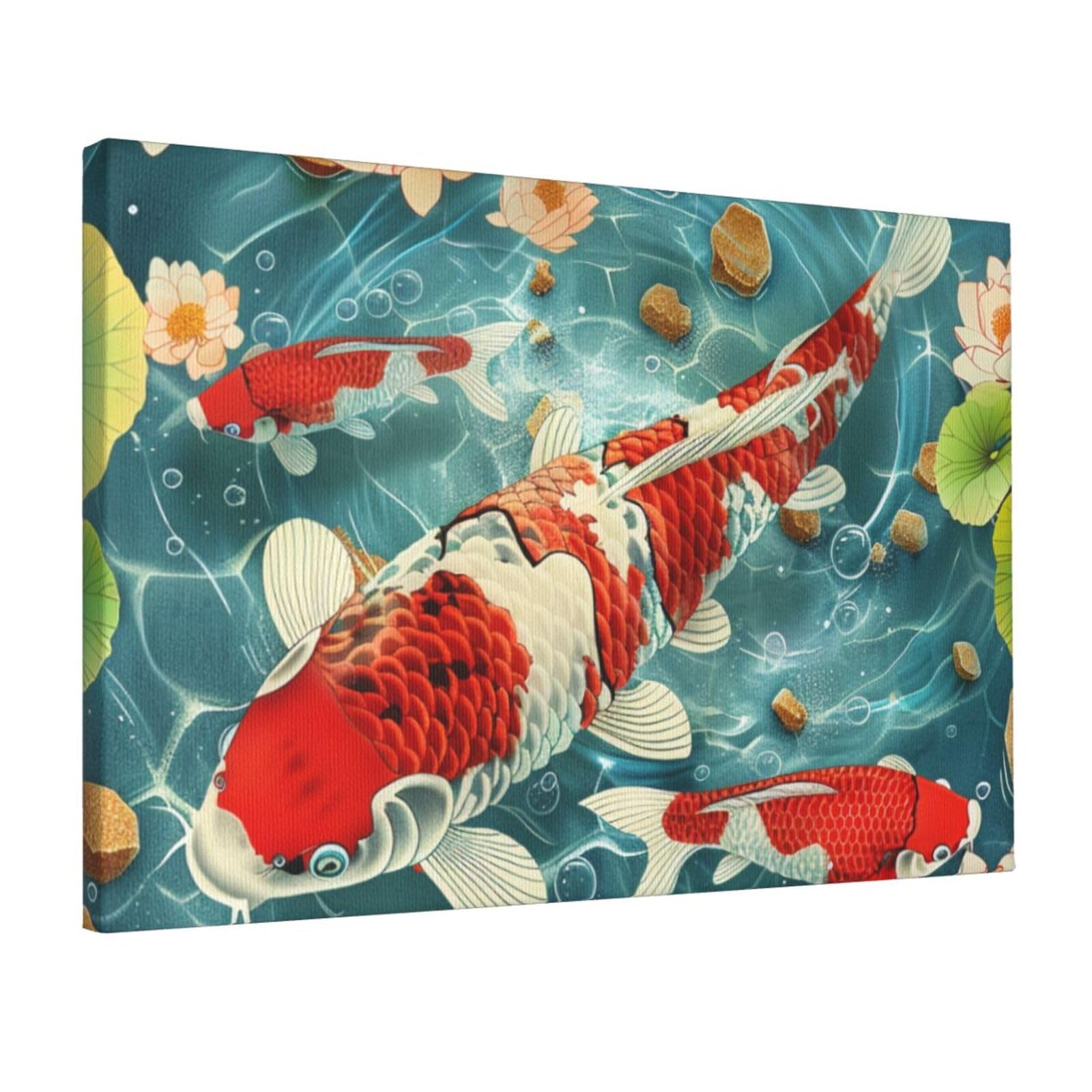 YKLJG Japanese Pretty Koi Fishs Printed Wall Art Canvas Prints 45x30 CM Wooden Framed Picture Painting Artwork for Bedroom Kitchen Home Office Decor