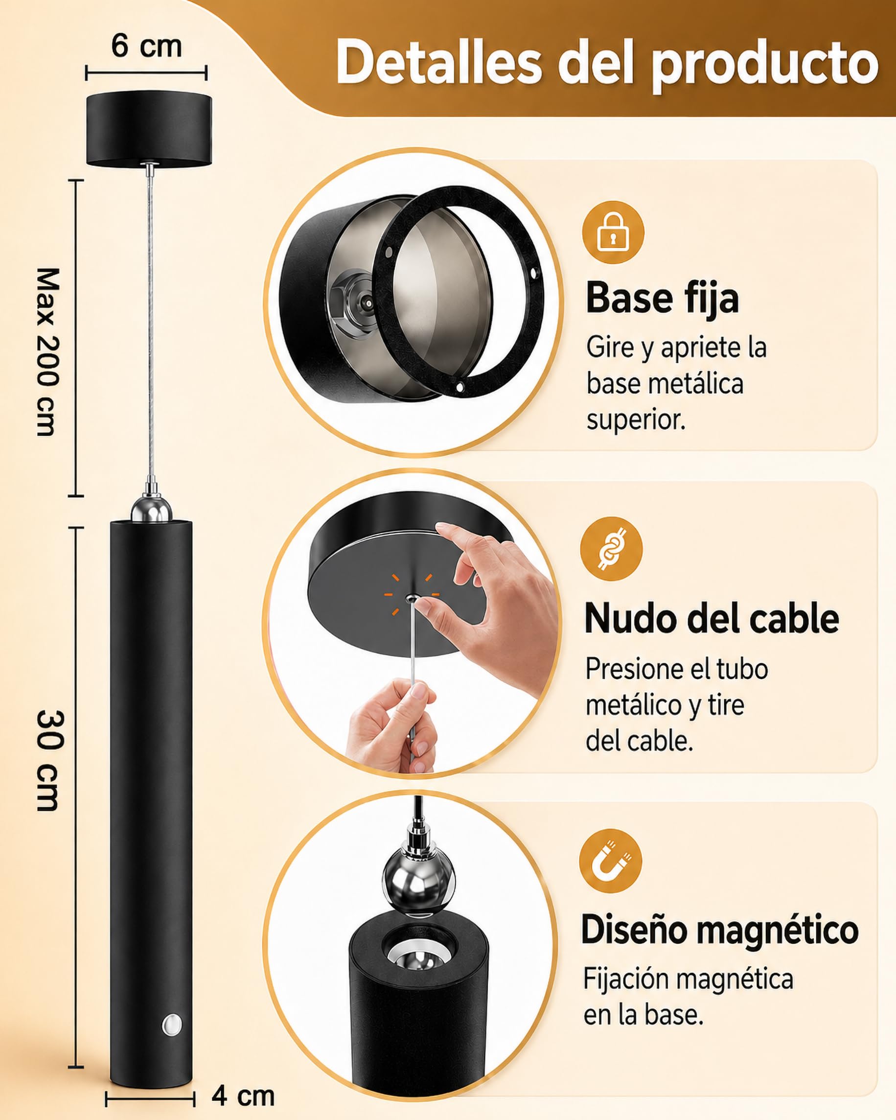 ACMHNC Lámpara Colgante con Bateria, Lámpara de Techo Colgante sin cable Moderno, 4500mAh Recargable USB, Mando a Distancia, Altura Regulable, Lamparas a Pilas Negro Para Cocina Dormitorio,Ø4x30cm