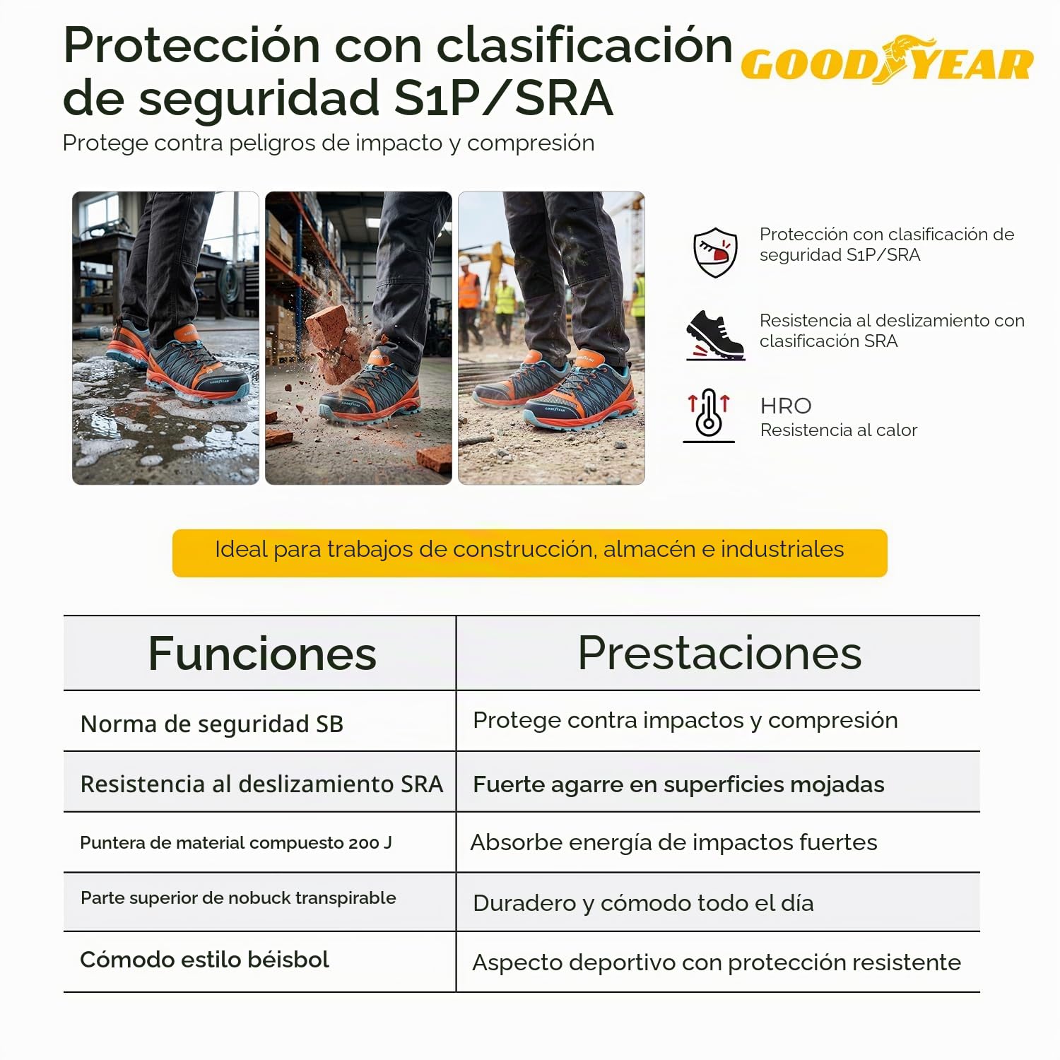 Goodyear Workwear GYSHU1583 S1P/SRA/HRO - Zapatillas de seguridad para el trabajo, ligeras, no metálicas, puntera y entresuela Composite