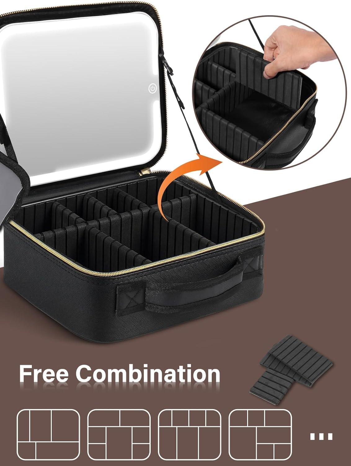 Friza Travel Makeup Case With Led Light Mirror, Waterproof Vanity Bag With 3 Adjustable Color Brightness Cosmetic Bag Train Case Organizer With Adjustable Dividers (Black) - Image 4 thumbnail