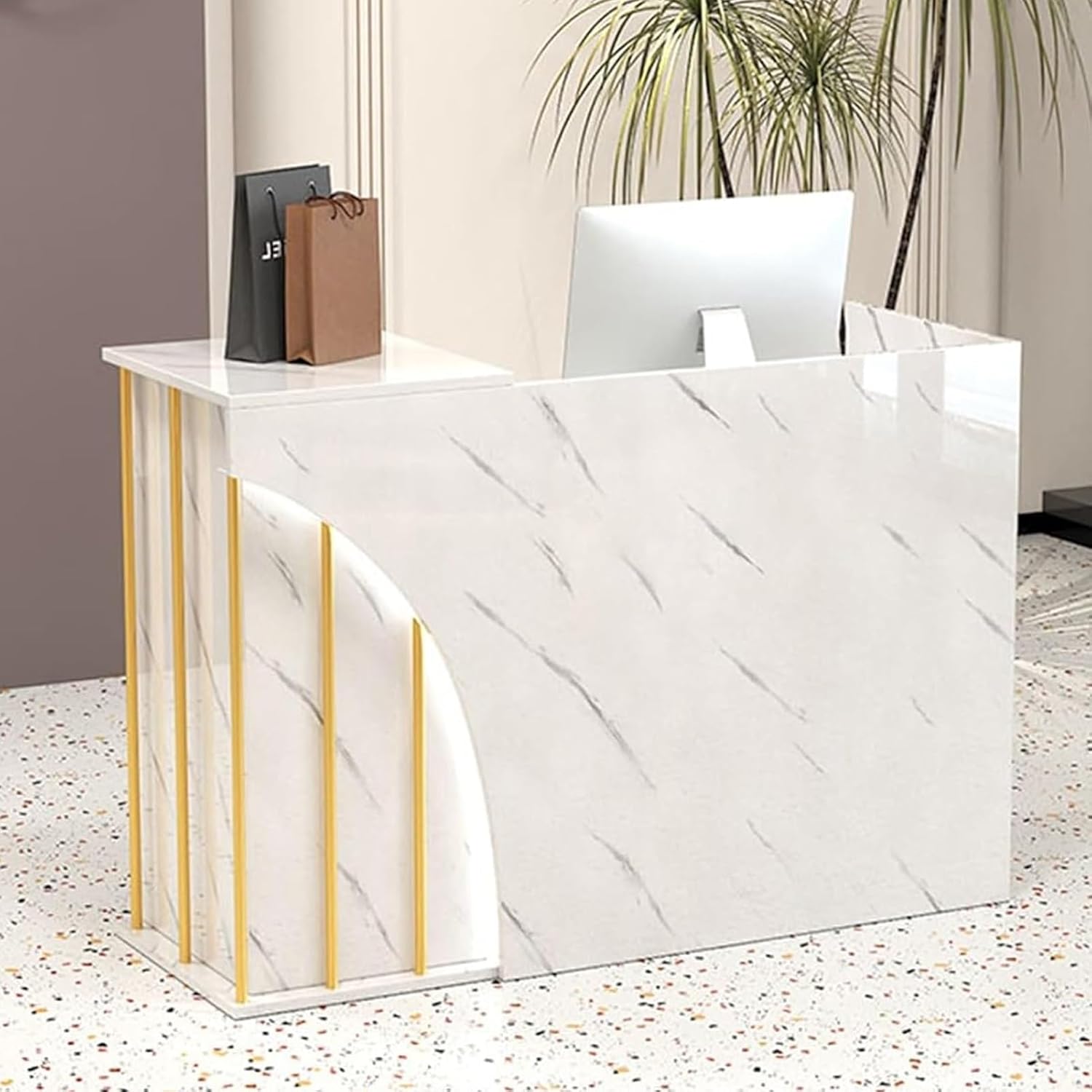 Reception Desk, Reception Counter Desk with Lockable Drawers, Small Front Counter Table, Retail Counter with LED Lights，Reception Desk Counter(White Texture,31.4"x17.7"x37.4")
