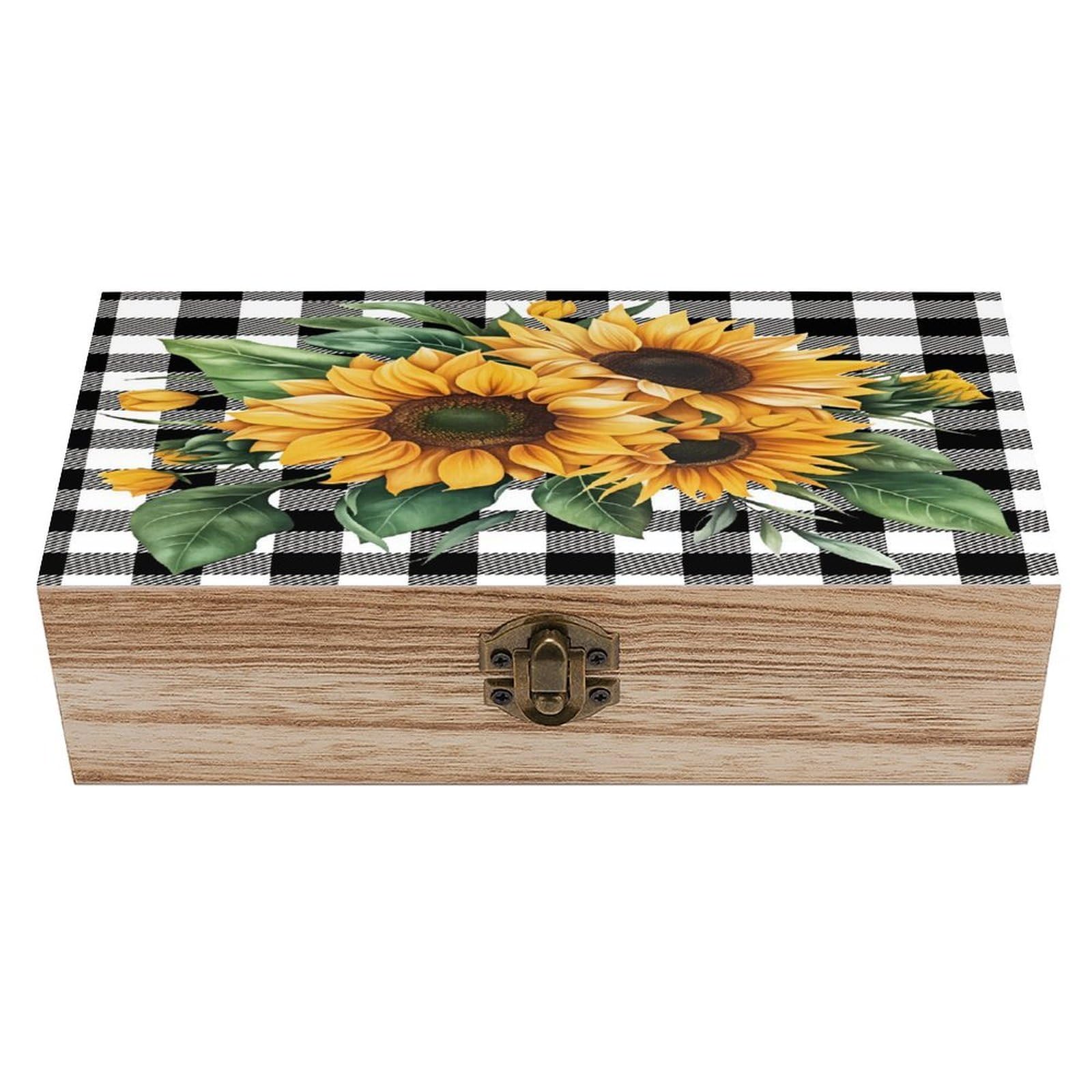 HLBSDM Sunflower Bouquet Checkered Vintage Wooden Keepsake Box with Hinged Lid And Locking Clasp, Decorative Storage Box for Jewelry, Trinkets And Small Accessories, Organizer for Home Or Wedding