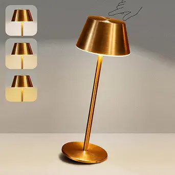 Gold Cordless Table Lamp, Premium All-Metal Brushed Wireless Rechargeable Lamp with Long Battery Life, No Assembly Accent Light for Dining Table, Living Room, Patio, Cafe & Bar