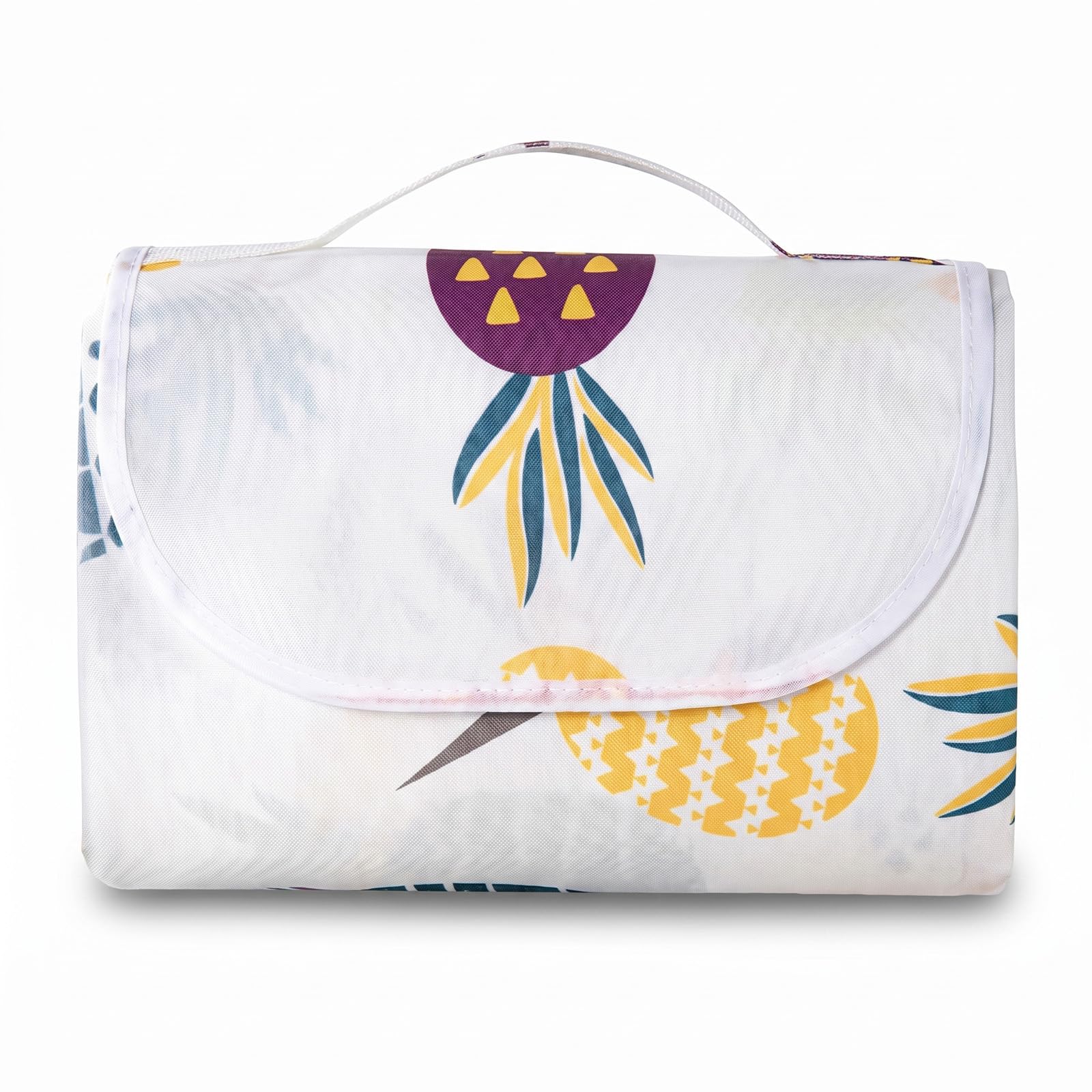 HUANYO Waterproof Picnic Blanket, 1.5*2M Foldable & Washable Beach Mat, Extra Large Portable Outdoor Blanket with Carry Handle for Park, Camping, Hiking, Beach and Picnics (White pineapple 150*200cm)