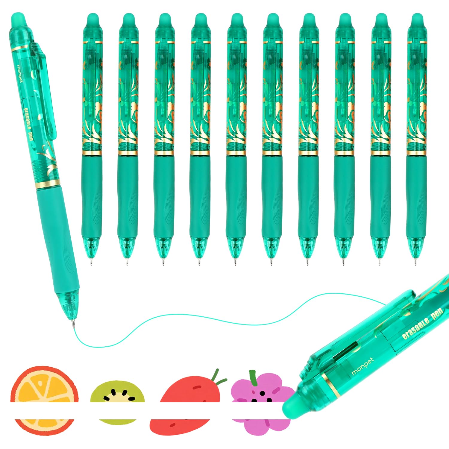 MOTIBACK 10pcs Scented Erasable Gel Pens Set, 0.5mm Green Ink Heat Erasable Pens with Hami Melon Scents, Retractable Click Gel Pens for Teens and Adults, Ideal Stuffers and School Supplies