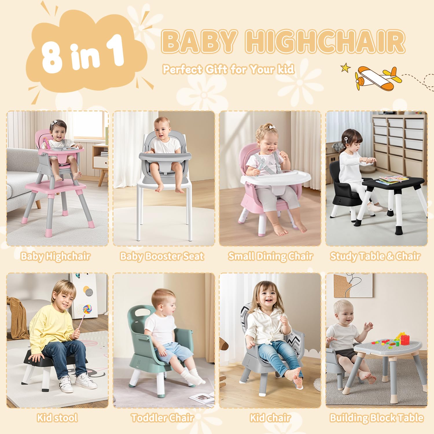 Kinder King 8 in 1 Baby High Chair, Coverts to Dining Booster Seat/Kids Table & Chair Set/Toddler Building Block Table/Kids Stool, Removable Tray & Double Seat Cover, Easy to Wipe, Grey & Coffee