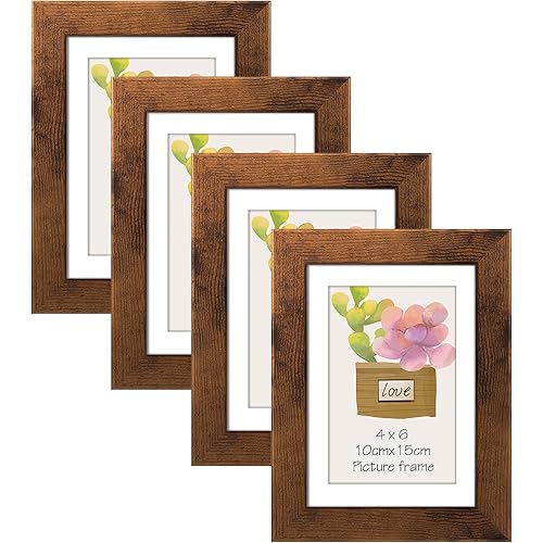 4x6 Picture Frame Set of 4, Display Photo 4x6 with Mat or 5x7 without Mat, Wooden Rustic Picture Frames for Tabletop or Wall Mounting, Brown