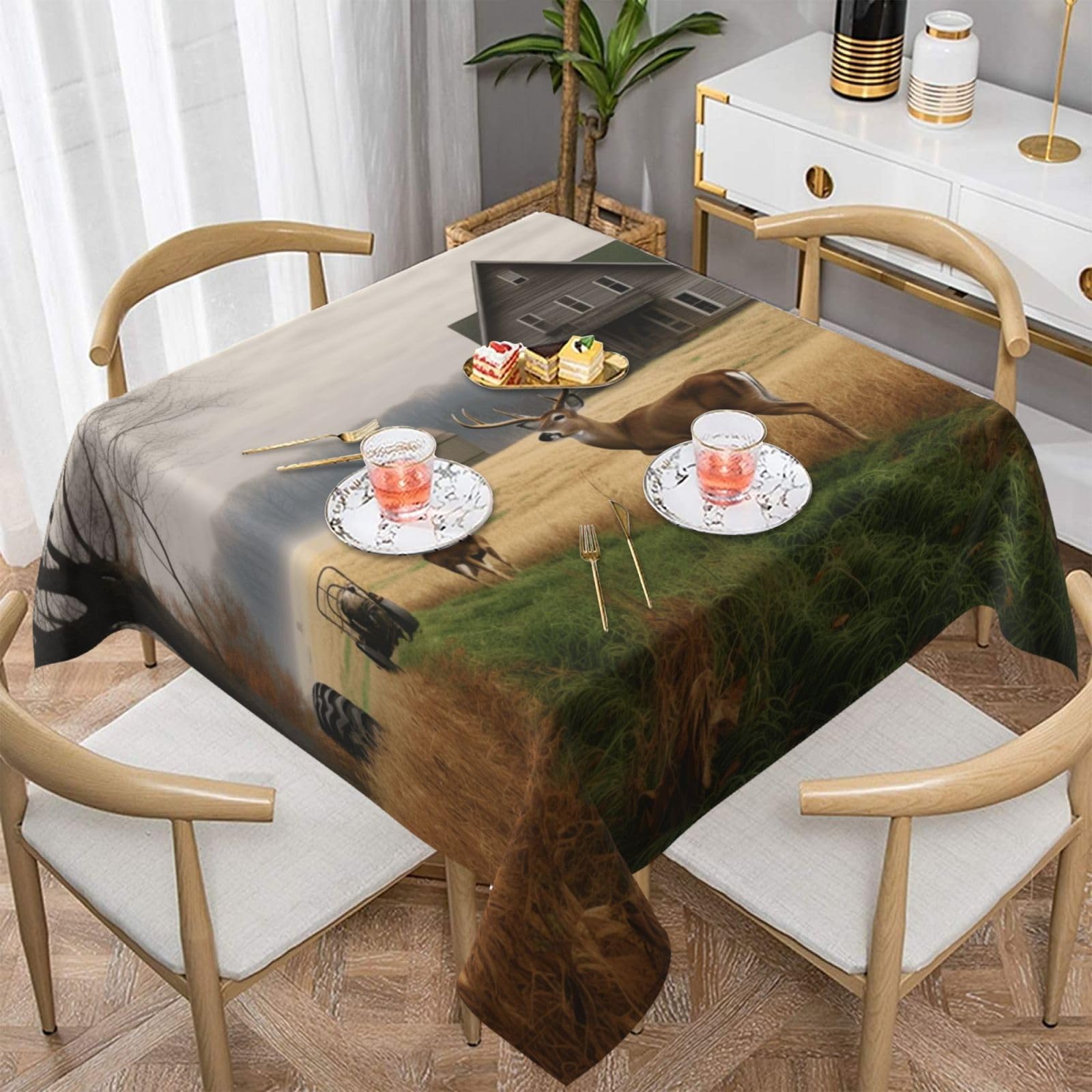 WPKJU Farm with Deer Printed Square Tablecloth 54x54 inch Water Resistant Table Cover Washable Rectangle Table Cloth for Dining Tables
