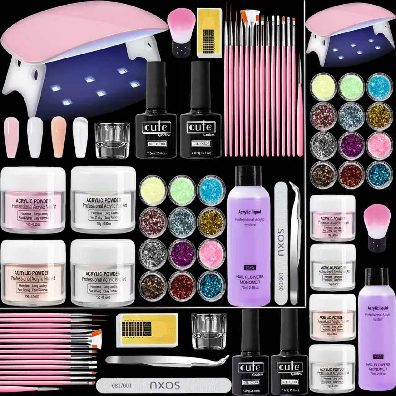 WONEDIRR Acrylic Nail Kit: 4 Colors Nude Pink Transparent White, Nail Lamp with Base Coat/Top Coat
