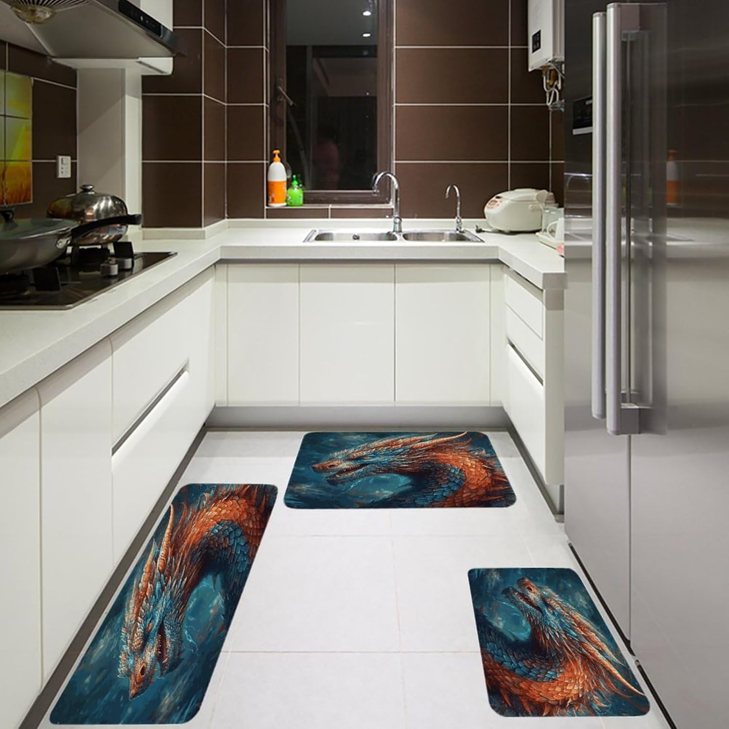 Dragon Art Kitchen Rugs Set of 3 Non Slip Washable Kitchen Mats for Floor Soft Area Rug Kitchen Floor Mat Cushioned Anti Fatigue Mats Standing Sink Mat Decor Runner Rugs
