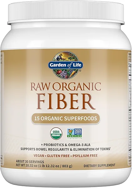 Garden of Life Raw Organic Fiber Powder, 30 Servings, 15 Organic Superfoods, Probiotics, Omega-3 ALA, 4g Soluble Fiber, 5g Insoluble for Regularity, Psyllium Husk Free