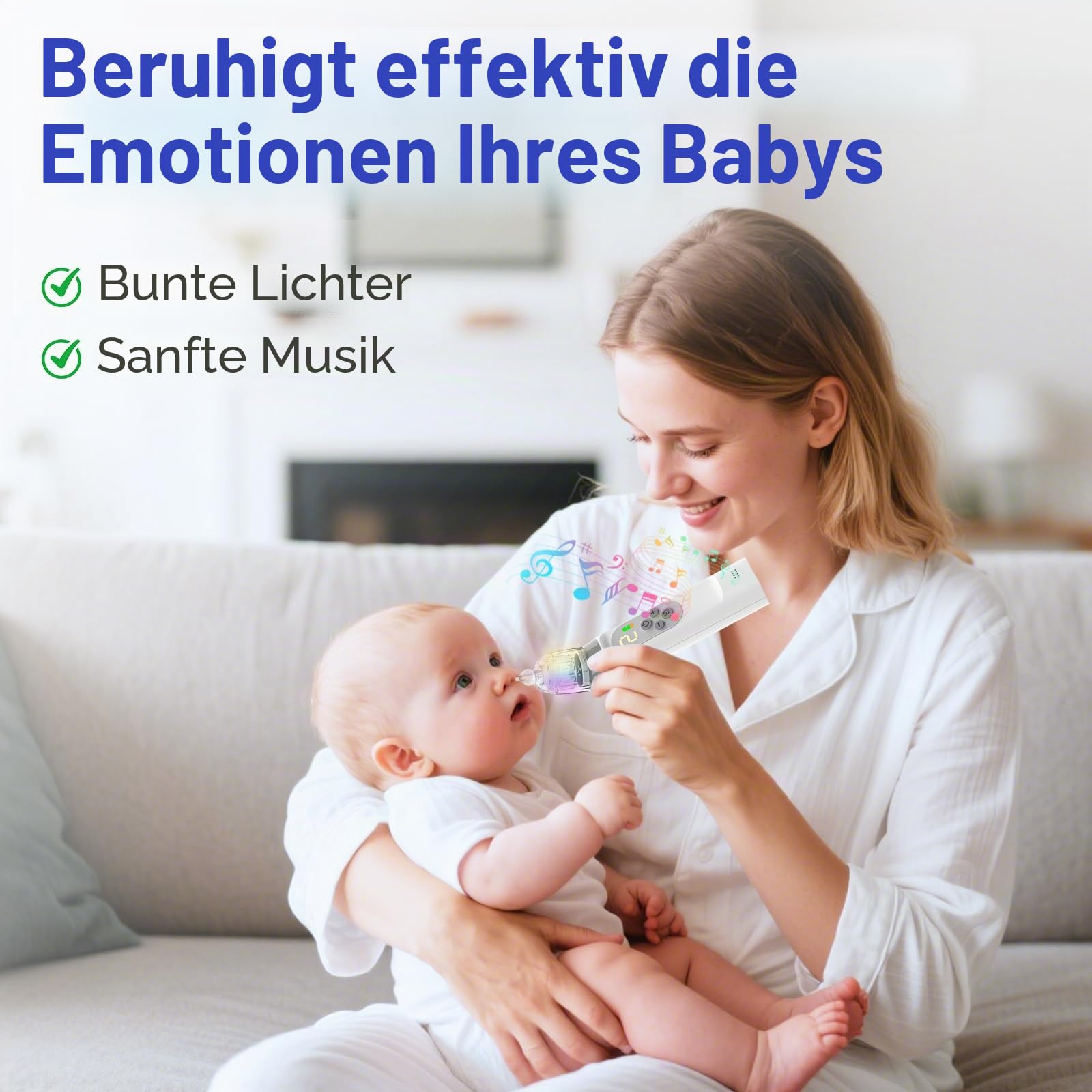 Nasensauger Baby, Baby Nasensauger mit 3 Silikonspitzen und 5 Einstellbaren Saugstufen, Anti Rückfluss Nasenreiniger mit Musik & Licht Beruhigend, Wiederaufladbar für Neugeborene und Kleinkinder