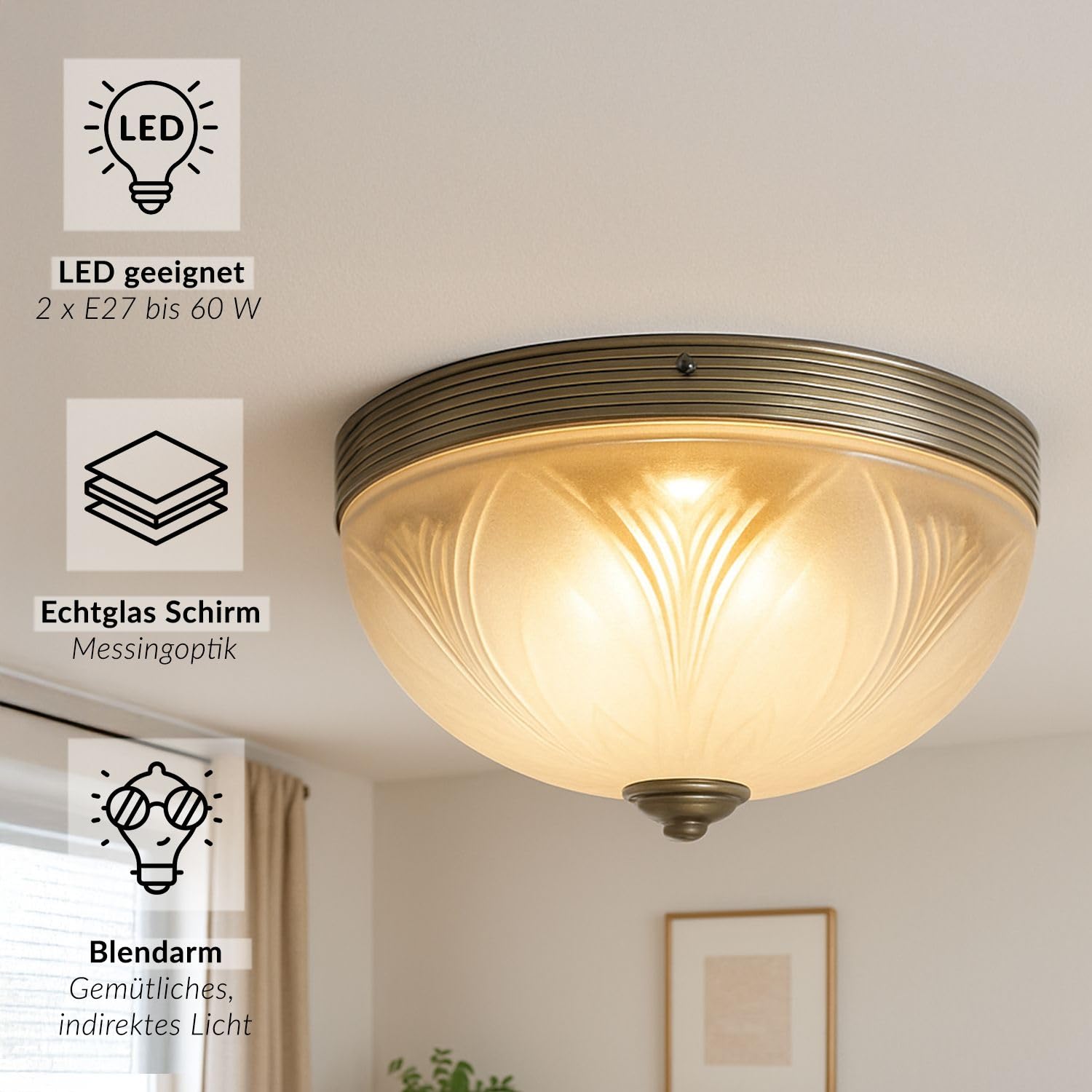 Licht-Erlebnisse Deckenleuchte Jugendstil Messingoptik rund, 2 x E27, Glas, Durchmesser 30 cm, Deckenlampe für Wohnzimmer Flur Schlafzimmer Esszimmer