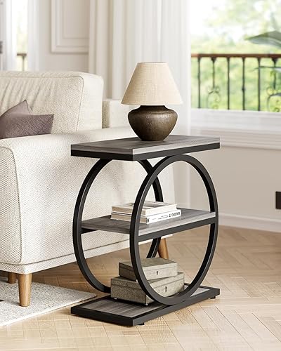 Vista 3 de LITTLE TREE End Table, 3-Tier Side Table, Slim Sofa Side Table for Living Room, Tall Bedside Table Nightstand for Bedroom, Grey and Black
