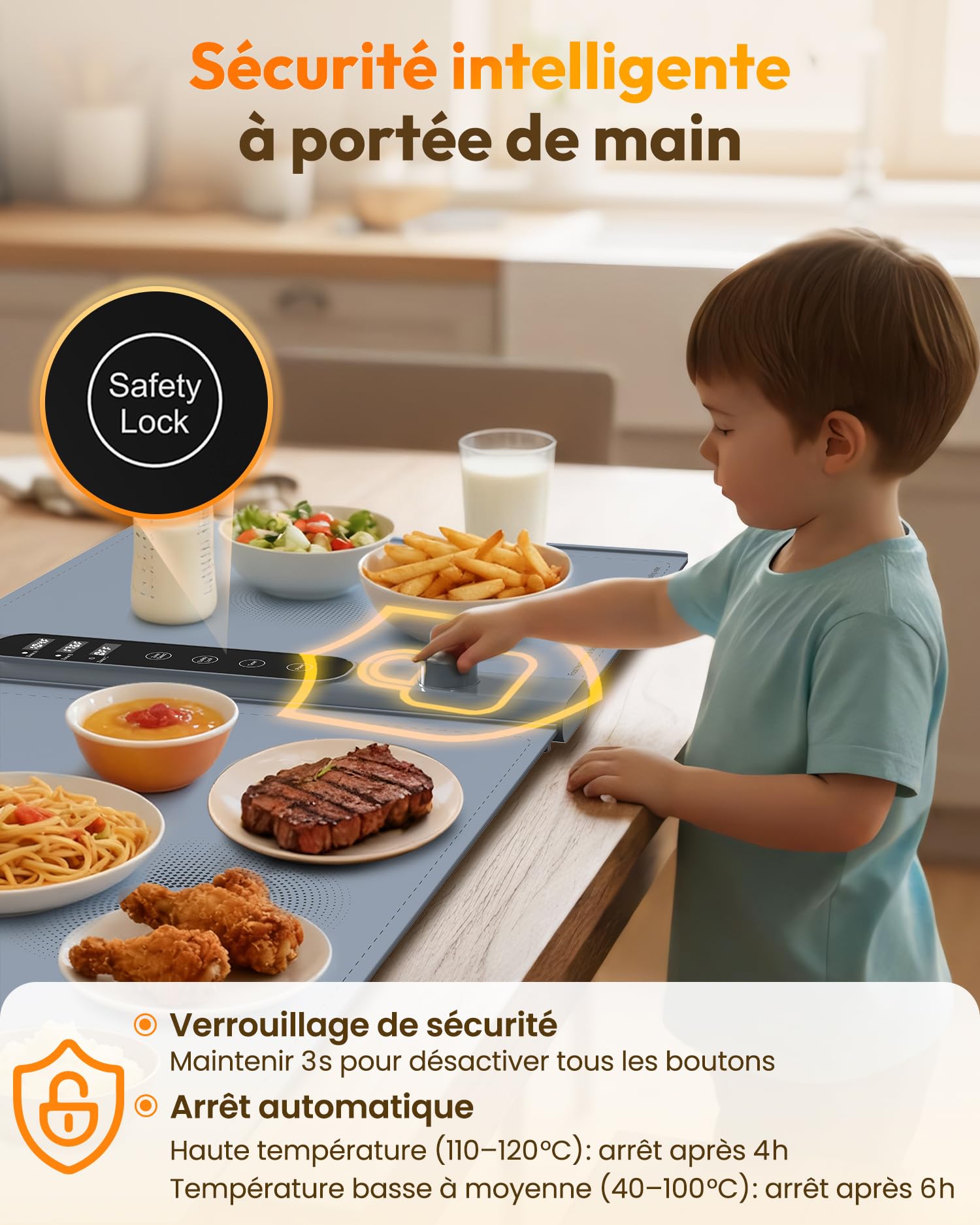 Chauffe Plat Électrique à 3 Zones Indépendantes 101×43 cm | Plaque Chauffante Électrique avec 17 températures minuterie 6h, Chauffe Assiette en Silicone Enroulable pour Buffets et Fêtes