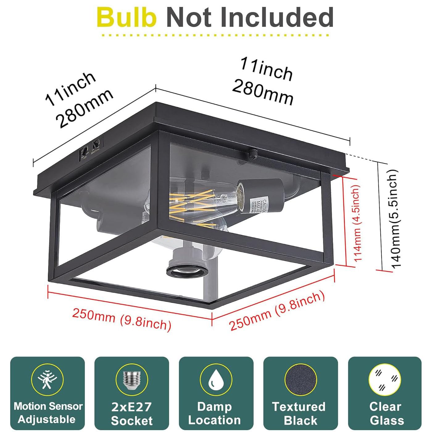 E27 Retro Deckenlampe 2 Flammig Deckenleuchte mit Bewegungsmelder Quadrat Flurlampe Schwarz Industrial Deckenbeleuchtung mit Klares Glas Innen Beleuchtung für Flur Balkon Esszimmer (Ohne Glühbirne)