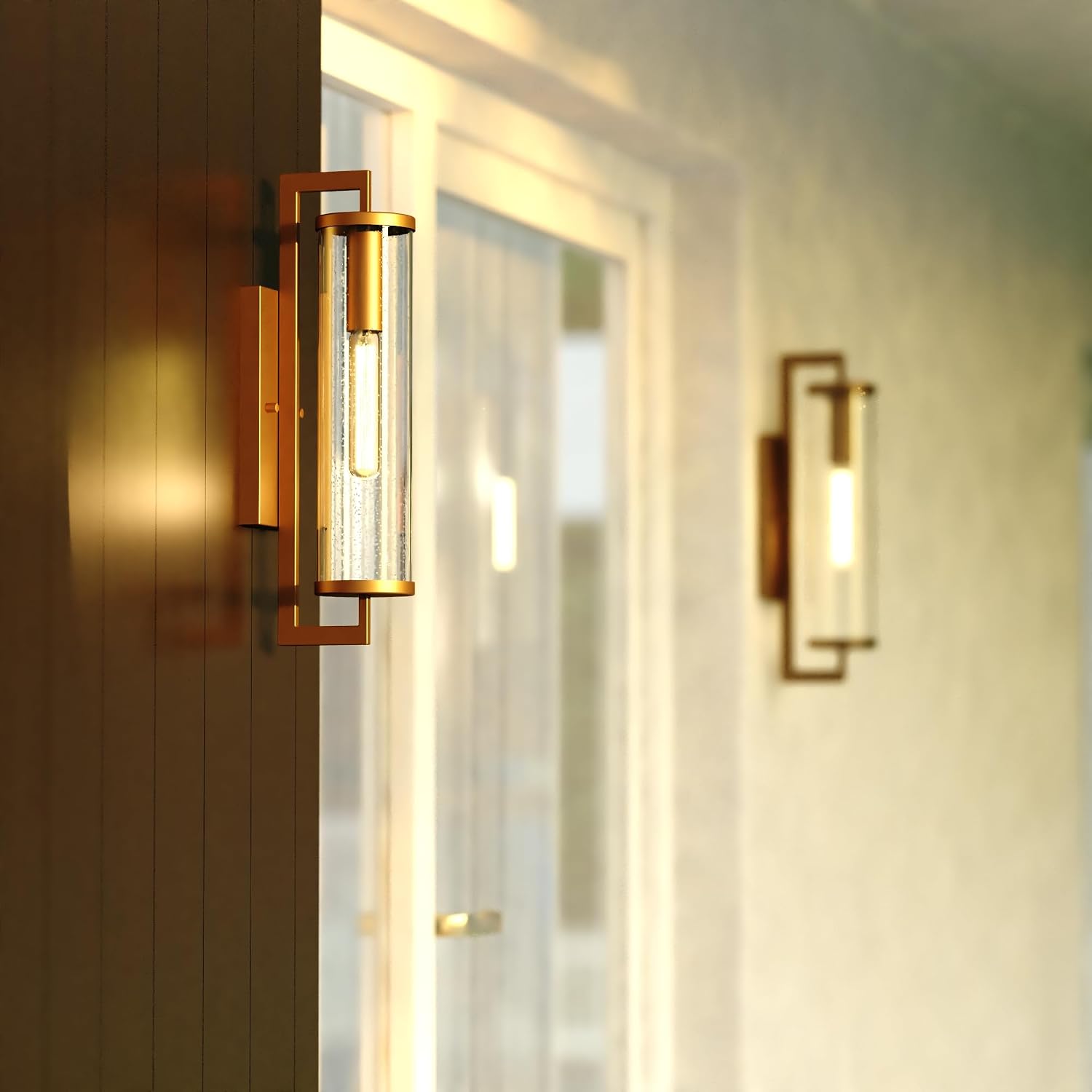 VAXCEL Morgan Park 20 in. H 1-Light Warm Brass Dusk to Dawn Sensor Gold Outdoor Wall Sconce, Durable Steel, Clear Seeded Glass Shade, LED Compatible for Exterior Porch Patio Front Door or Garage