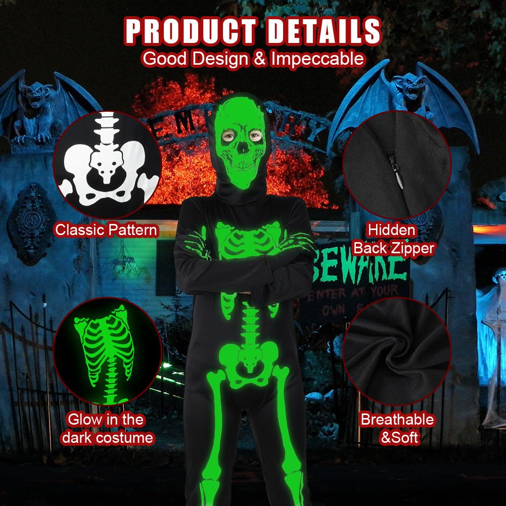 AYBUY Costume da Scheletro Per Bambini, Luminoso Costume Scheletro Tuta Scheletro con Cappuccio, Costume Scheletro Bambino Glow in Dark per Halloween, Carnevale, Theme Party