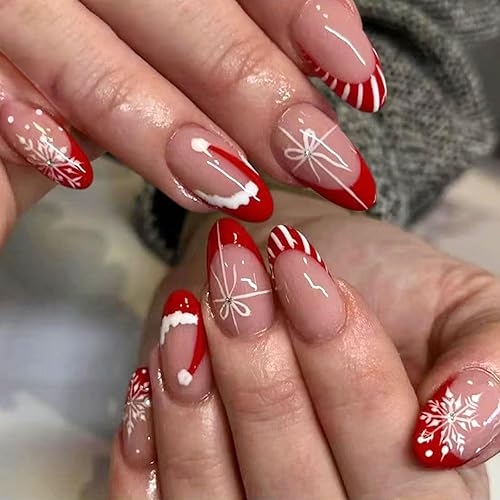 Christmas Press on Nails Medium Almond Acrylic Fake Nails Red