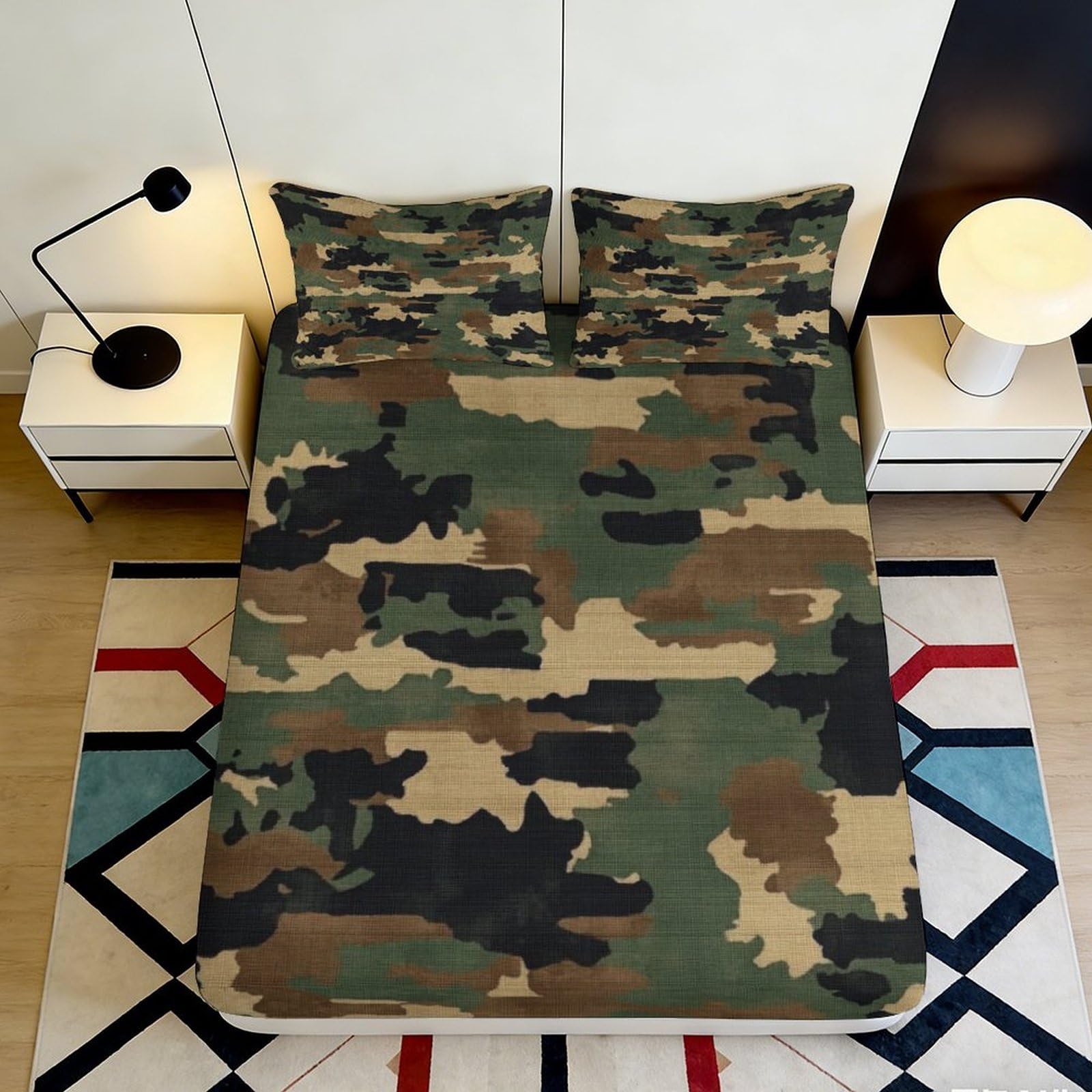 3D Printed Camouflage Fitted Sheet Microfiber Soft Breathable Army Green Mattress Cover for Bedroom Dorm Home Decor 90x200x25cm