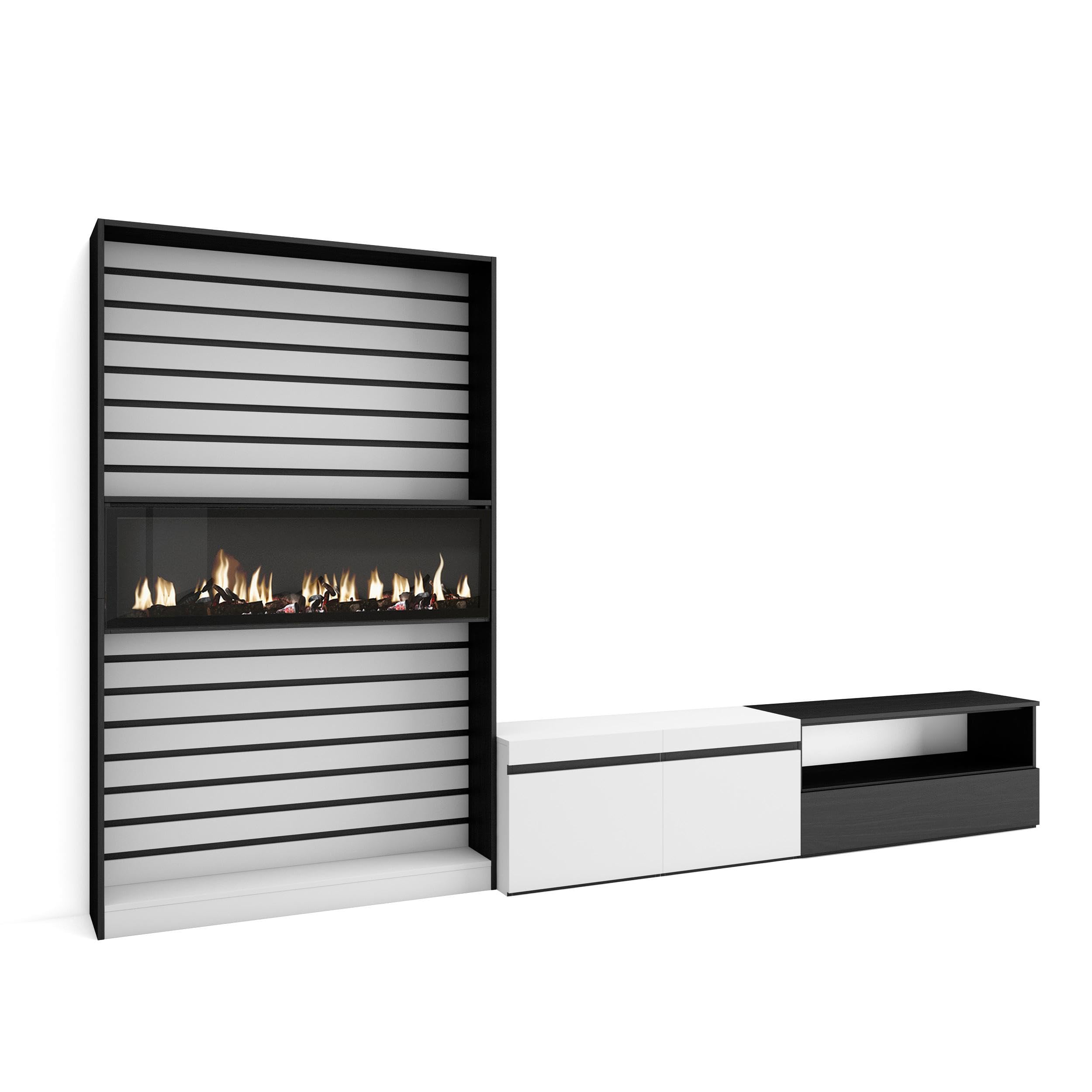Skraut Home | Muebles de Salón para TV | Conjunto de Muebles Comedor | 210x186x35cm | para TV hasta 80" | Chimenea eléctrica | Estilo Moderno | Blanco y Negro