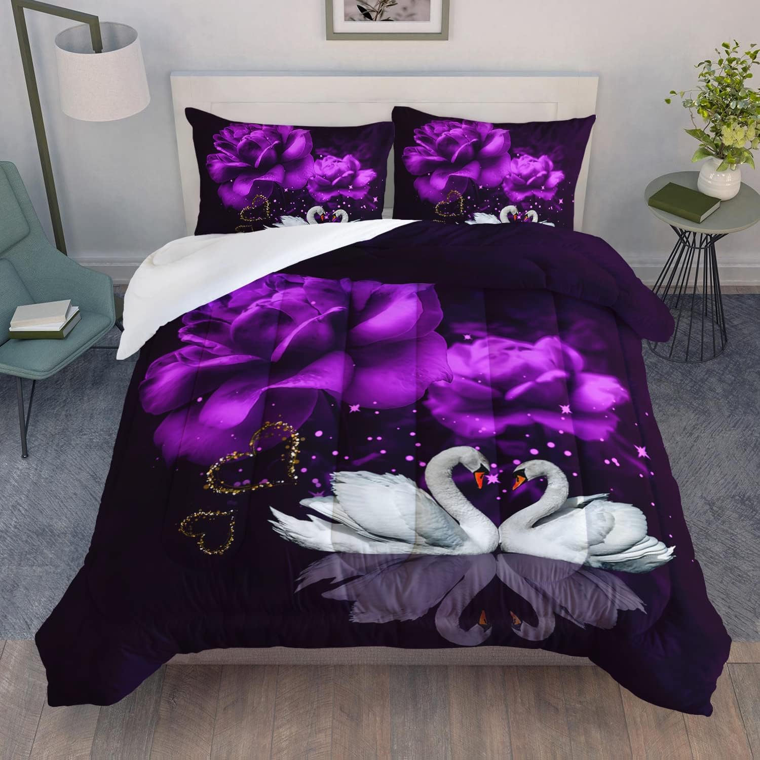 AILONEN Purple Rose Comforter Set Queen Size, Rose and Swan