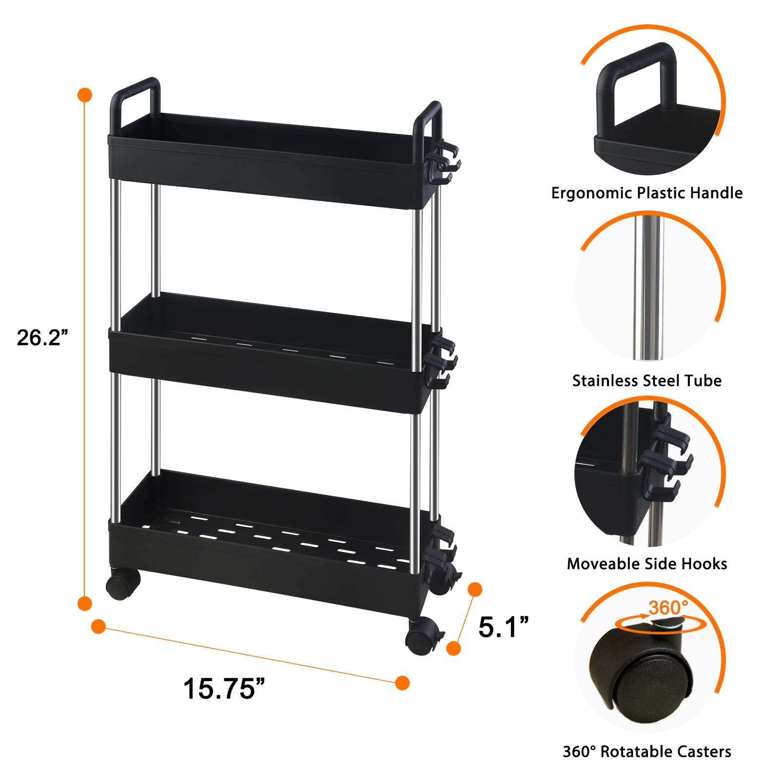 Ronlap 3 Tier Slim Rolling Storage Cart, Skinny Rolling Cart with