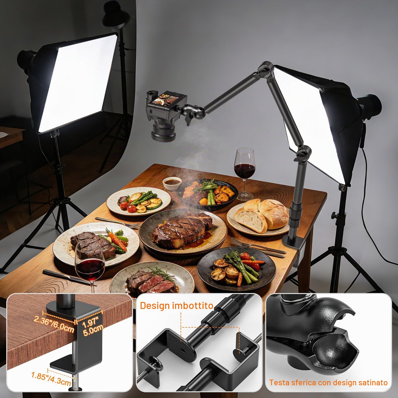 Supporto per Fotocamera da Tavolo, Treppiede Supporto da Scrivania per Fotocamera con Vite da 1/4", Supporto per Proiettore Girevole a 360° per Fotocamera DSLR, Anello di Luce, Proiettore